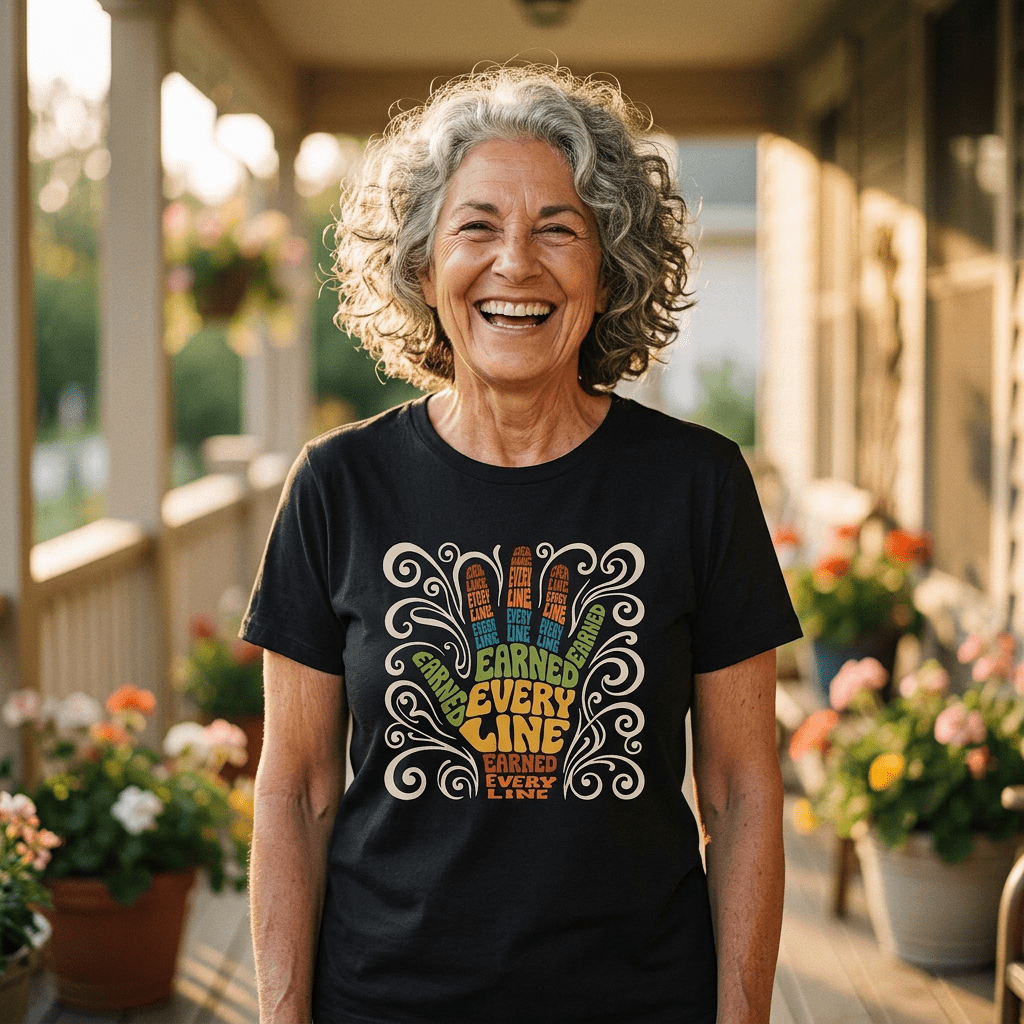 Earned Every Line T-Shirt | Retro Groovy Hand Graphic Tee - Jana Recrafted