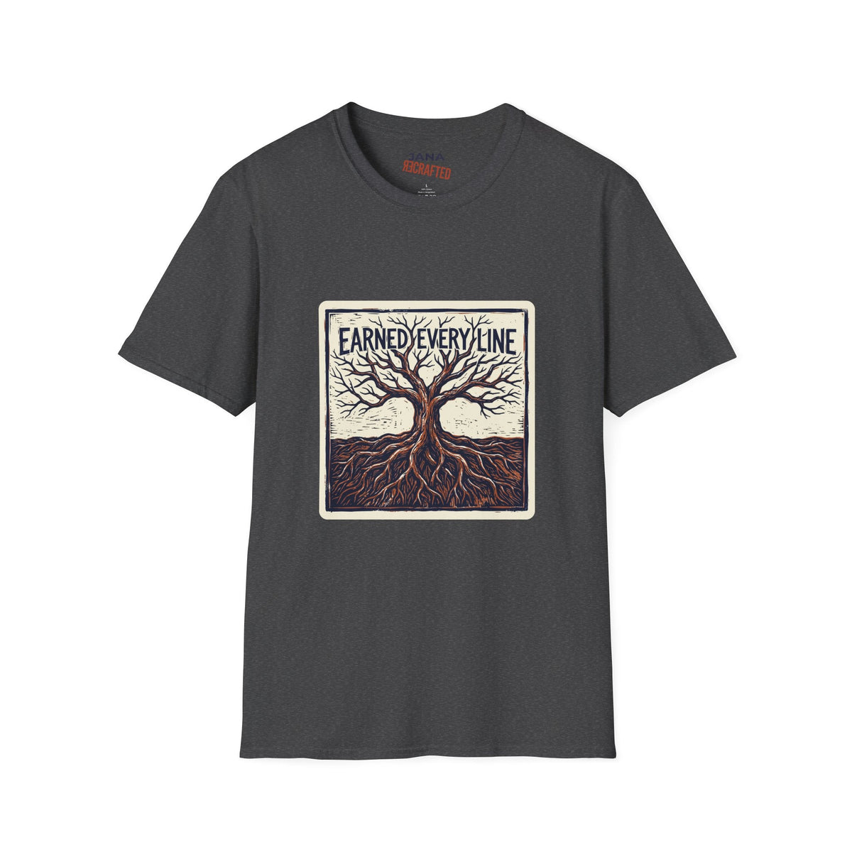 Earned Every Line T-Shirt | Vintage Woodcut Tree Graphic Tee - Jana Recrafted