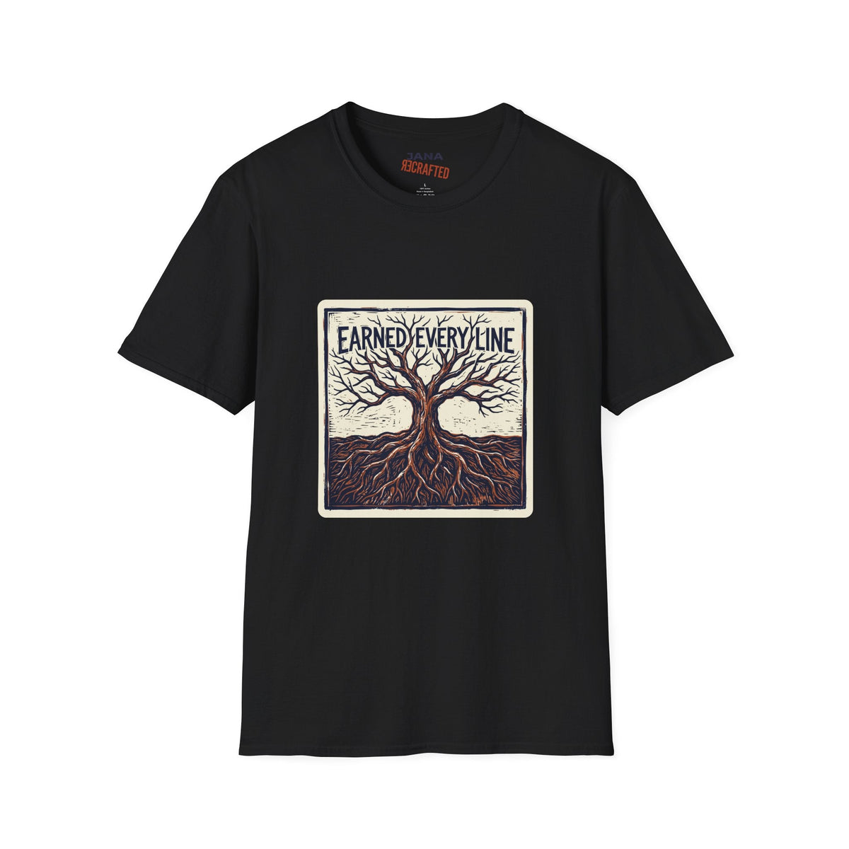 Earned Every Line T-Shirt | Vintage Woodcut Tree Graphic Tee - Jana Recrafted