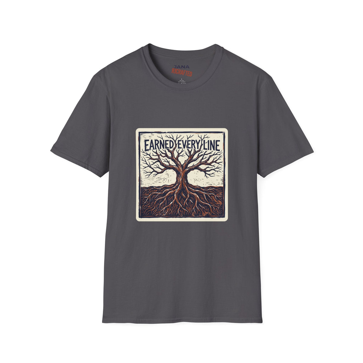 Earned Every Line T-Shirt | Vintage Woodcut Tree Graphic Tee - Jana Recrafted