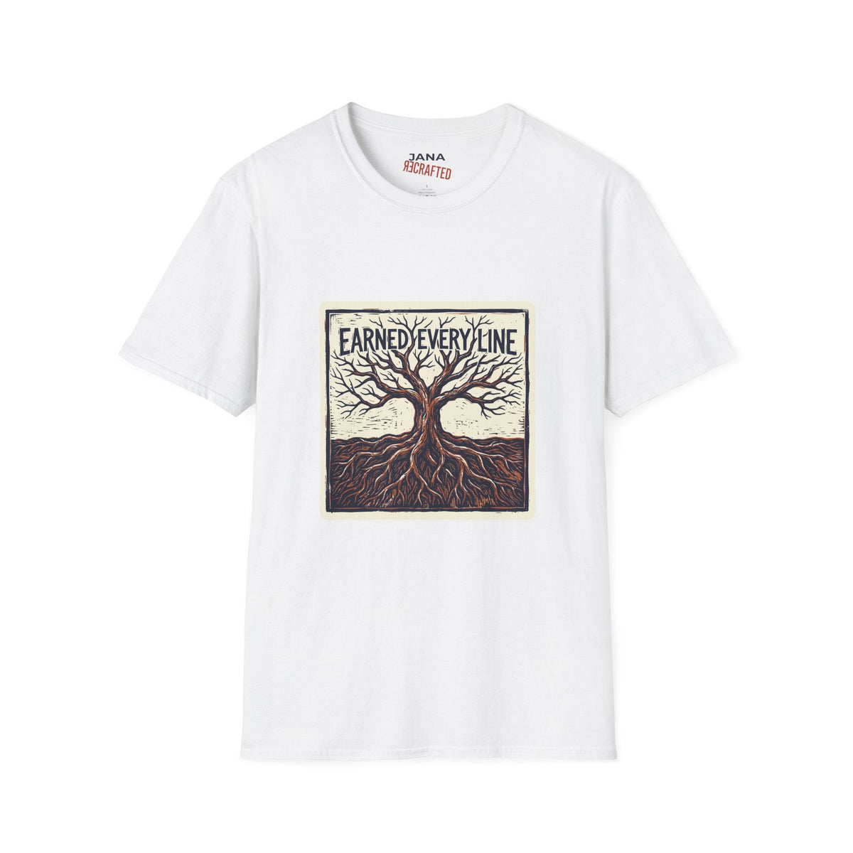 Earned Every Line T-Shirt | Vintage Woodcut Tree Graphic Tee - Jana Recrafted