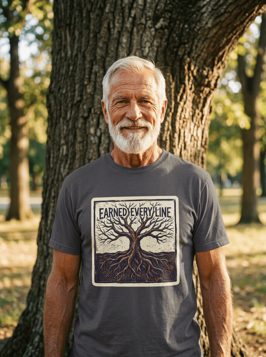 Earned Every Line T-Shirt | Vintage Woodcut Tree Graphic Tee - Jana Recrafted