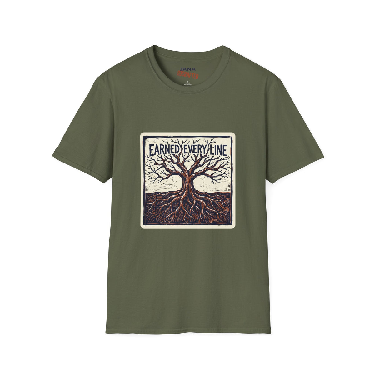 Earned Every Line T-Shirt | Vintage Woodcut Tree Graphic Tee - Jana Recrafted