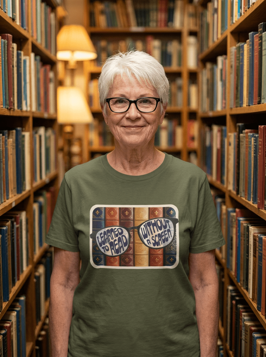 Learned to Read Without a Screen | Vintage Books and Reading Glasses Book Lover T-Shirt - Jana Recrafted