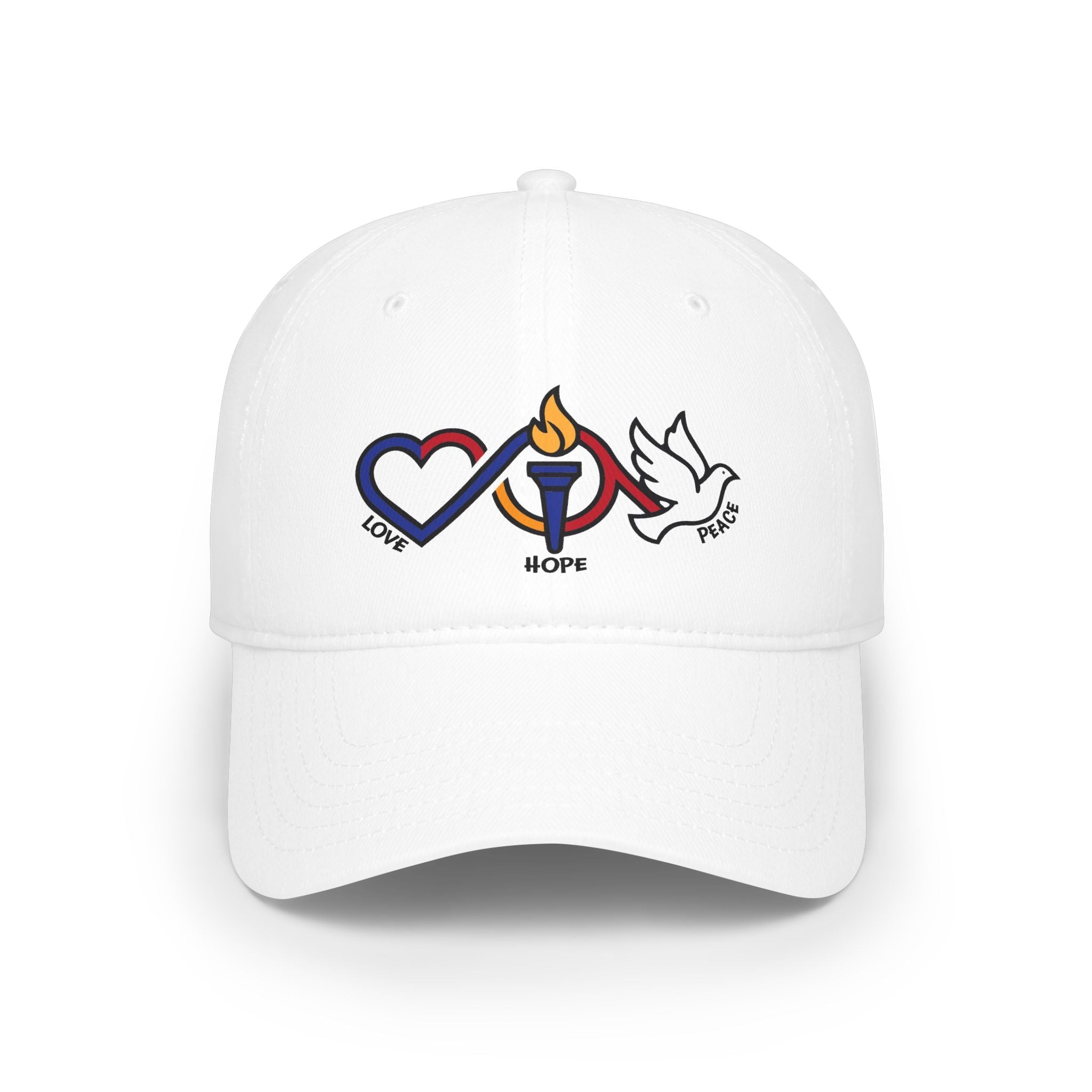 Love Hope Peace Baseball Cap — Heart, Torch & Dove Symbol Hat - Jana Recrafted