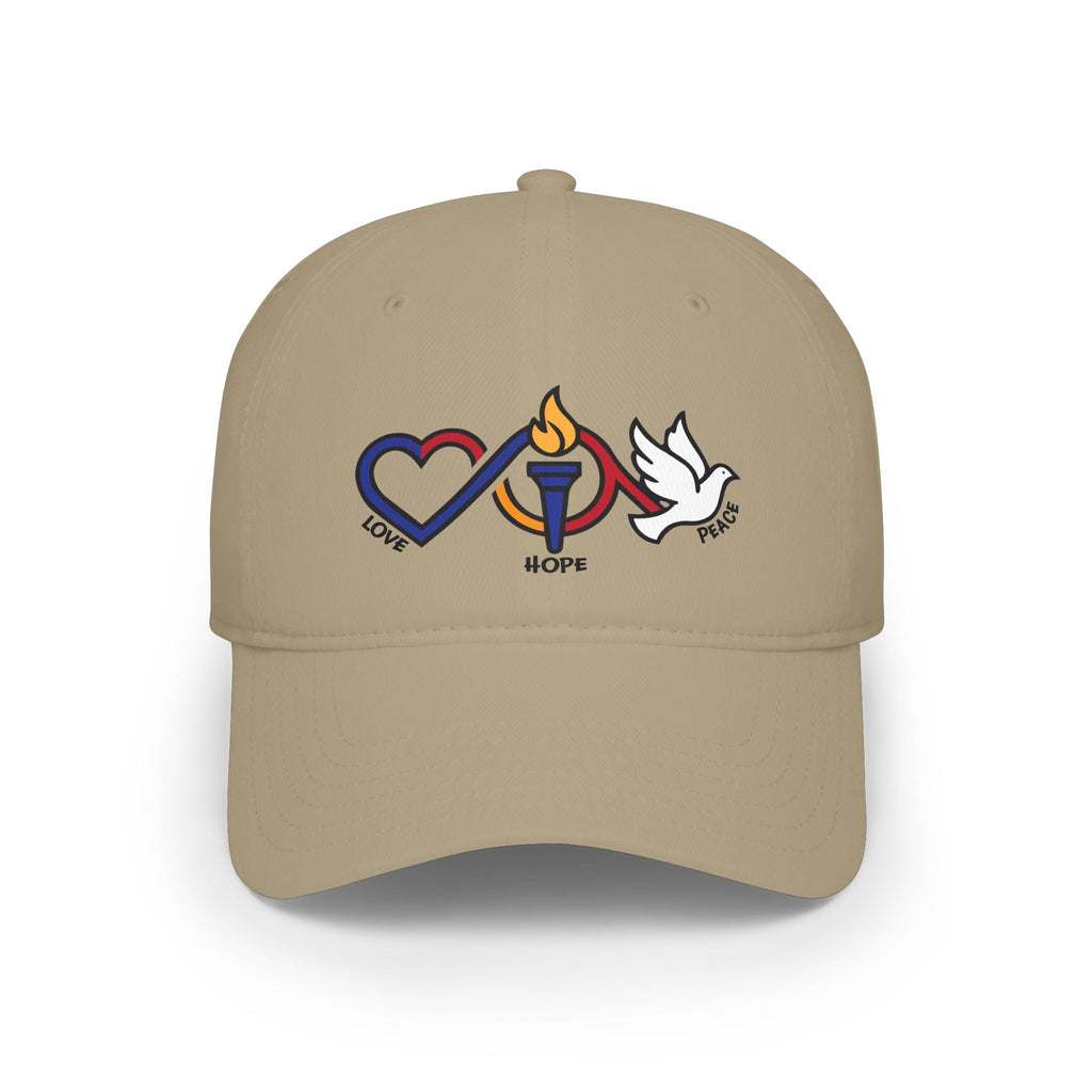 Love Hope Peace Baseball Cap — Heart, Torch & Dove Symbol Hat - Jana Recrafted