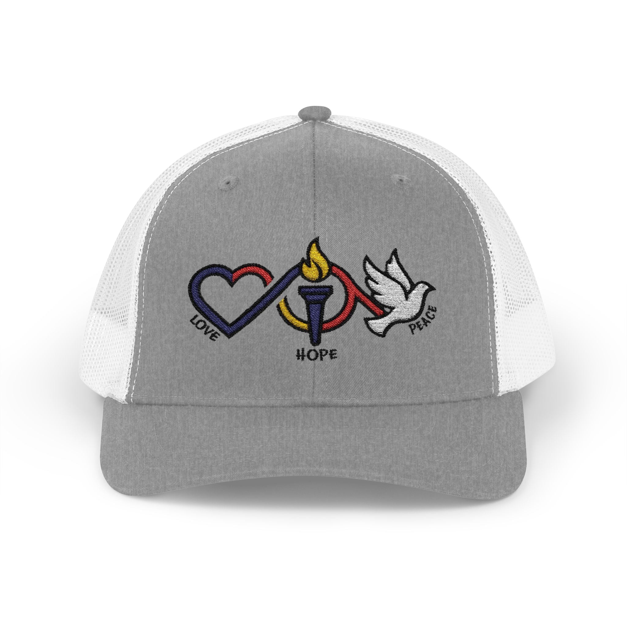 Love Hope Peace Snapback Cap | Heart Torch Dove Embroidered Trucker Hat - Jana Recrafted