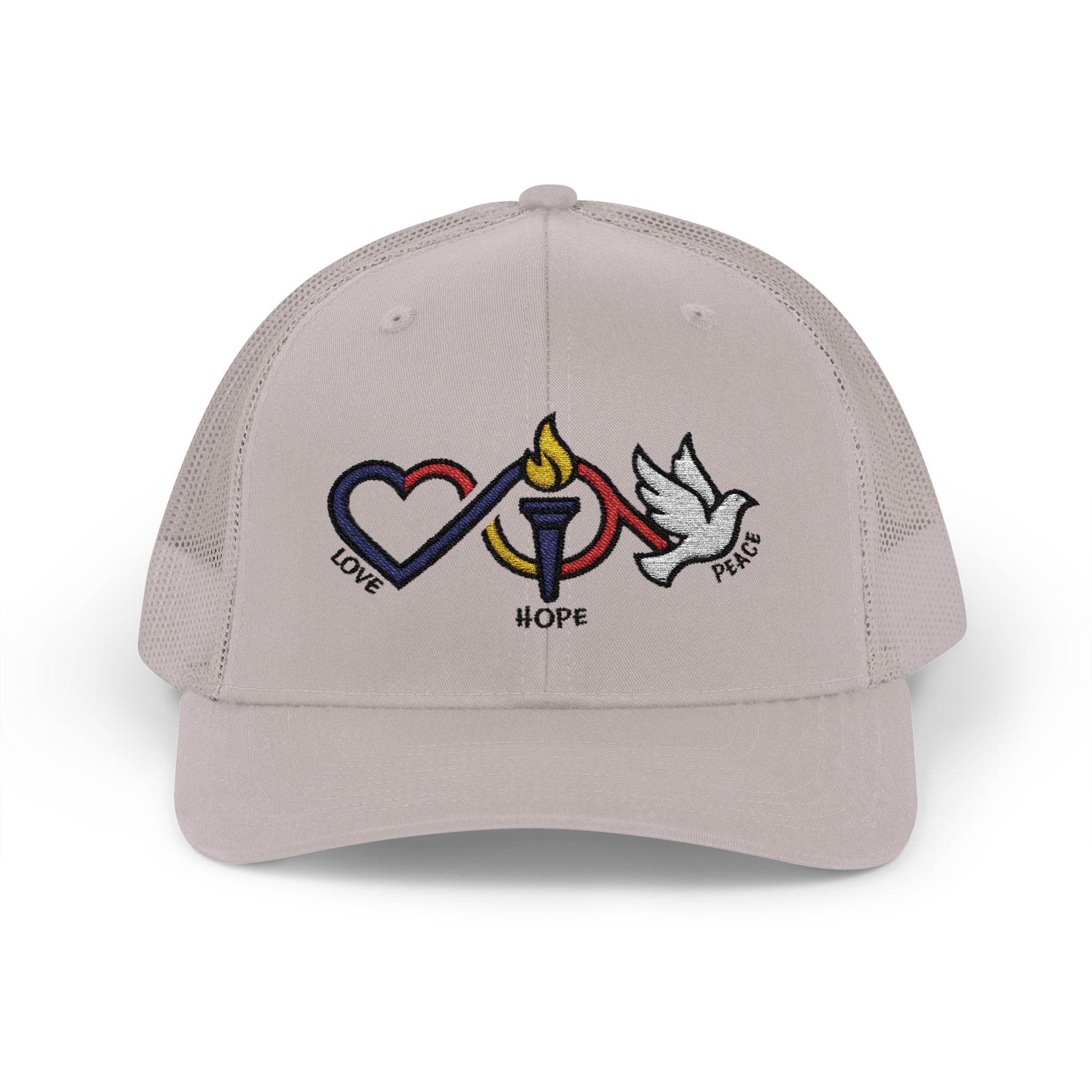 Love Hope Peace Snapback Cap | Heart Torch Dove Embroidered Trucker Hat - Jana Recrafted