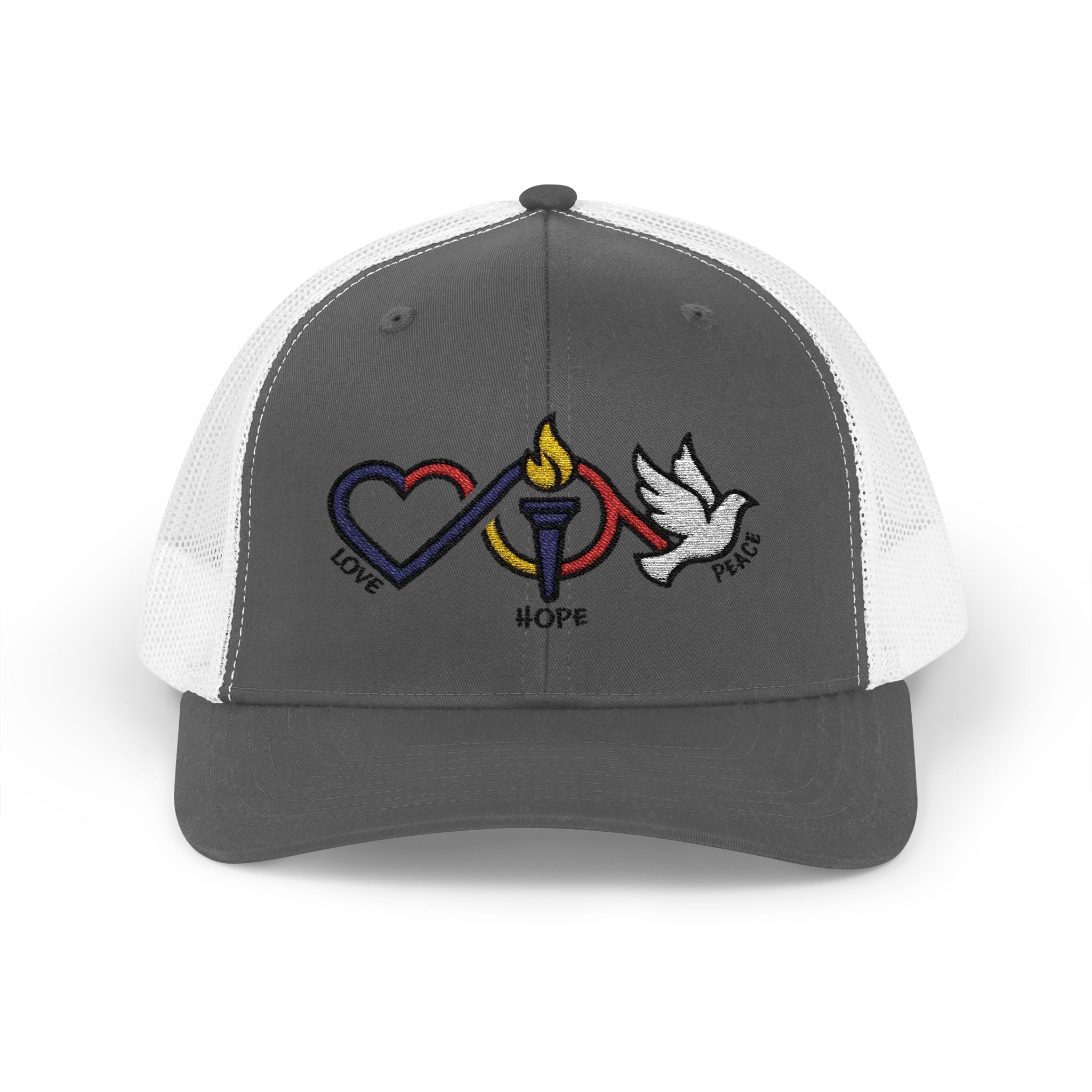 Love Hope Peace Snapback Cap | Heart Torch Dove Embroidered Trucker Hat - Jana Recrafted