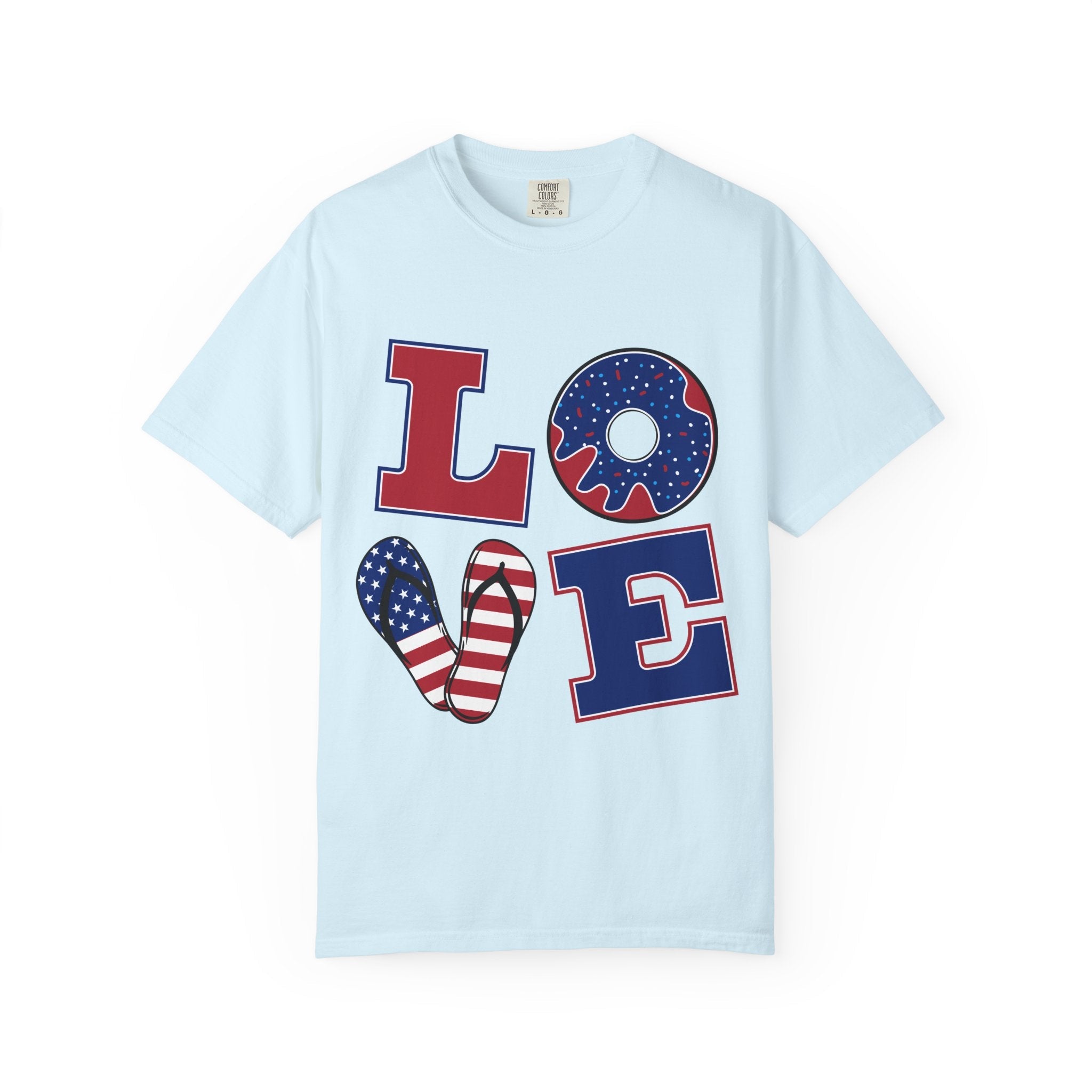 Patriotic "LOVE" T-Shirt — American Flag Donut & Flip - Flop Design - Jana Recrafted