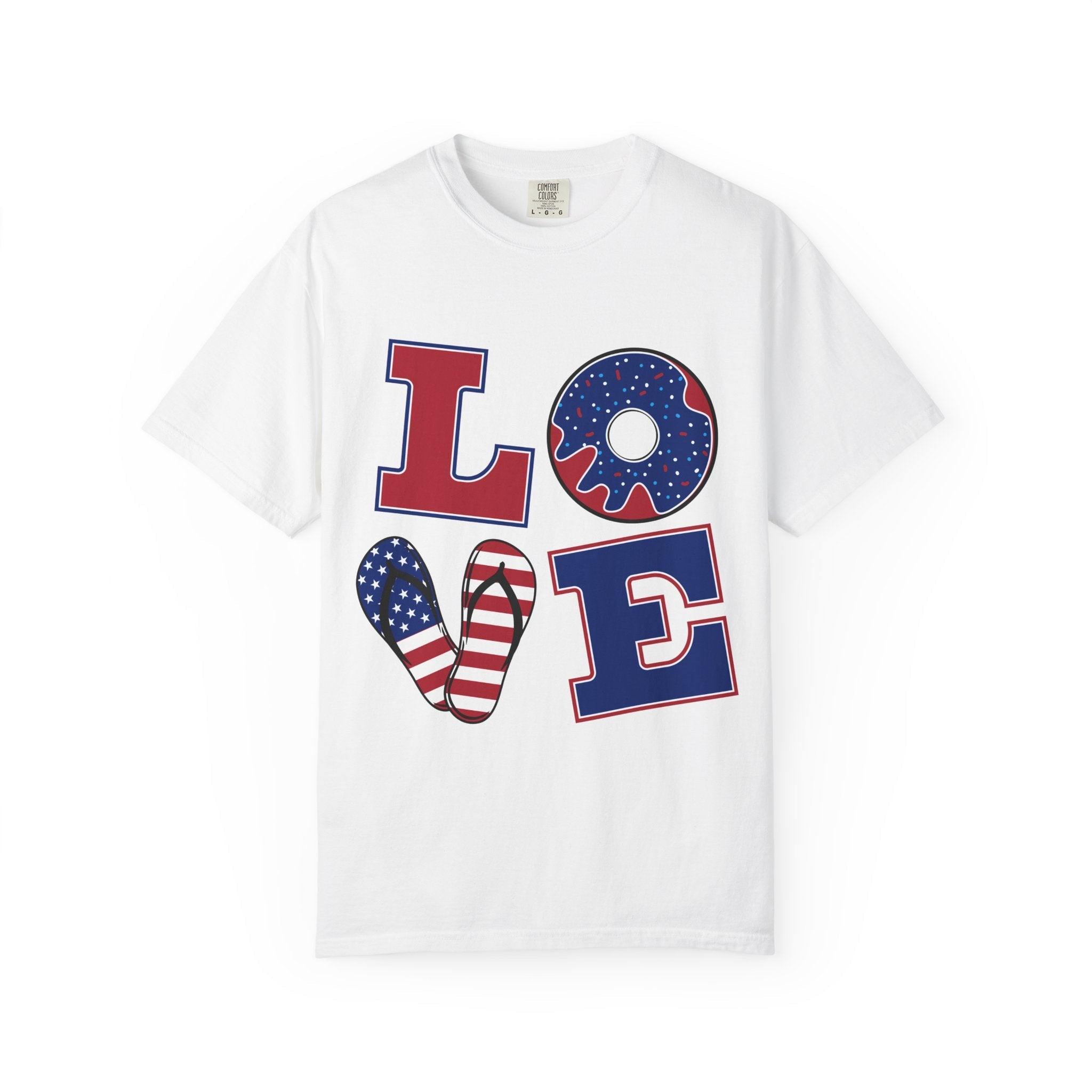 Patriotic "LOVE" T-Shirt — American Flag Donut & Flip - Flop Design - Jana Recrafted