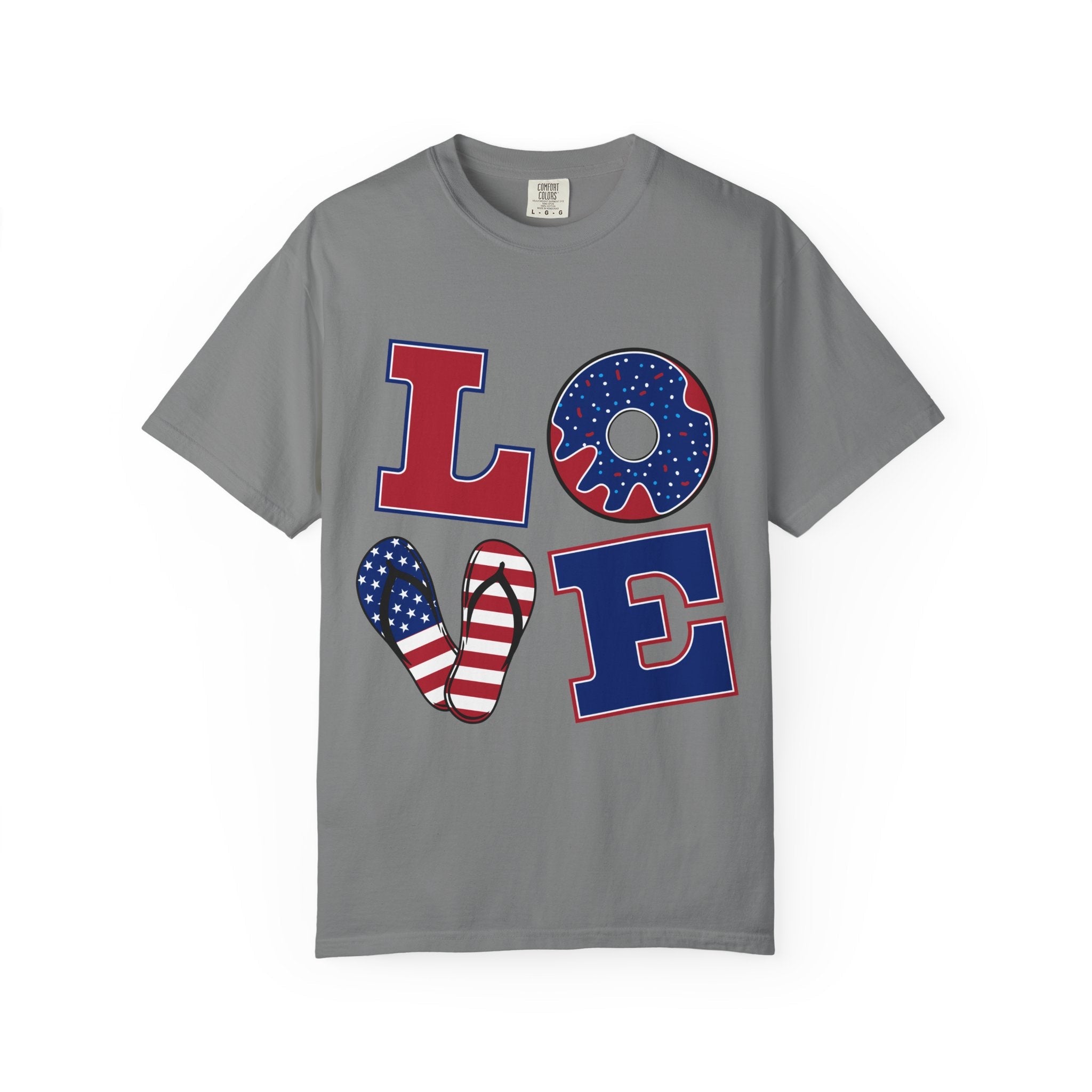 Patriotic "LOVE" T-Shirt — American Flag Donut & Flip - Flop Design - Jana Recrafted