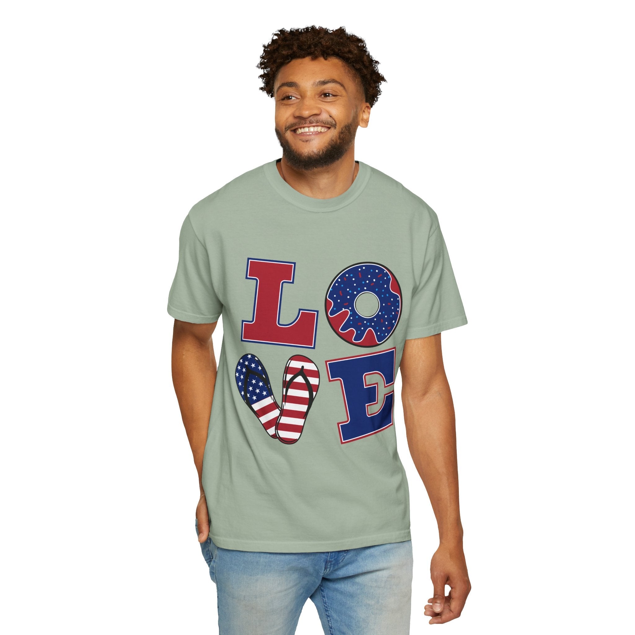 Patriotic "LOVE" T-Shirt — American Flag Donut & Flip - Flop Design - Jana Recrafted