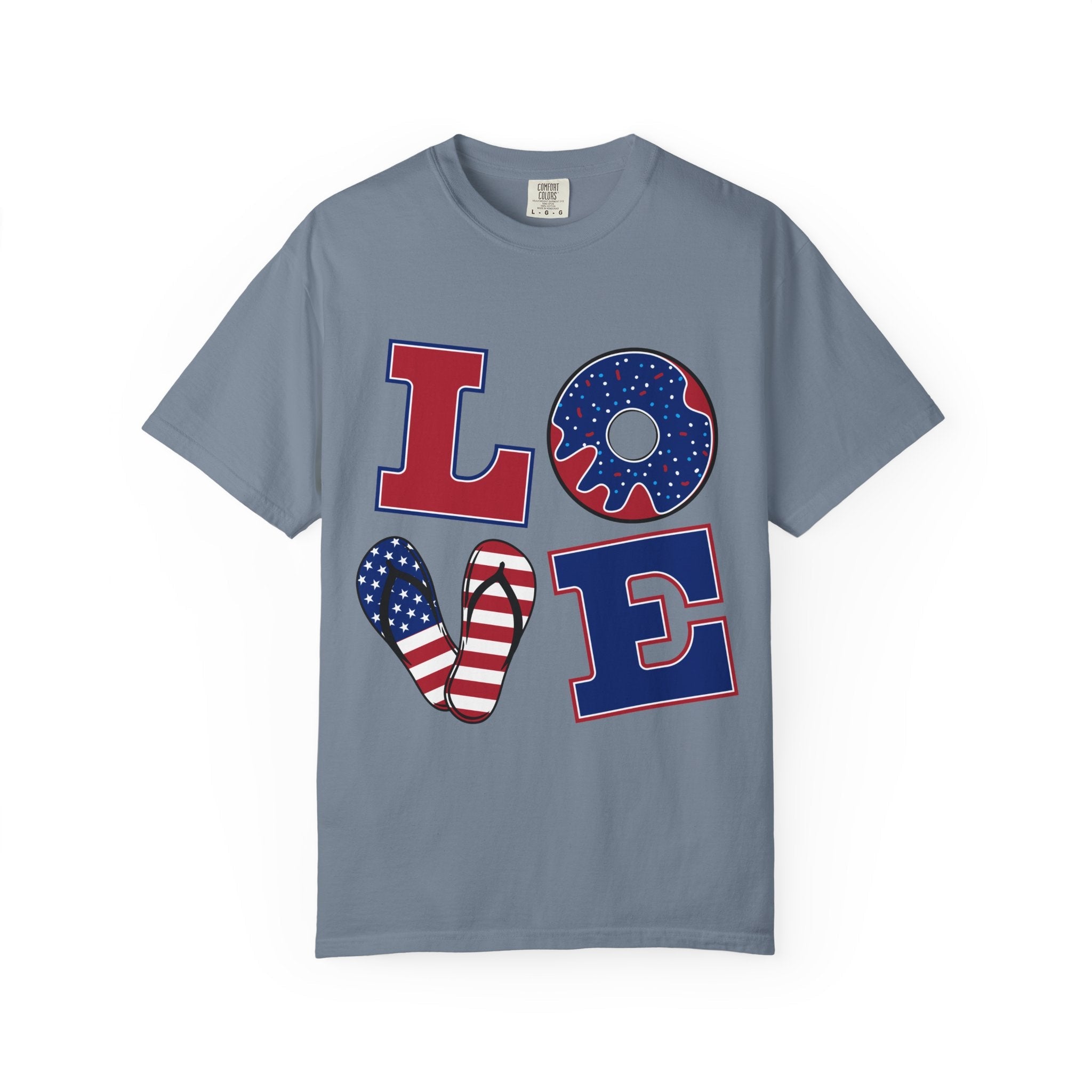 Patriotic "LOVE" T-Shirt — American Flag Donut & Flip - Flop Design - Jana Recrafted