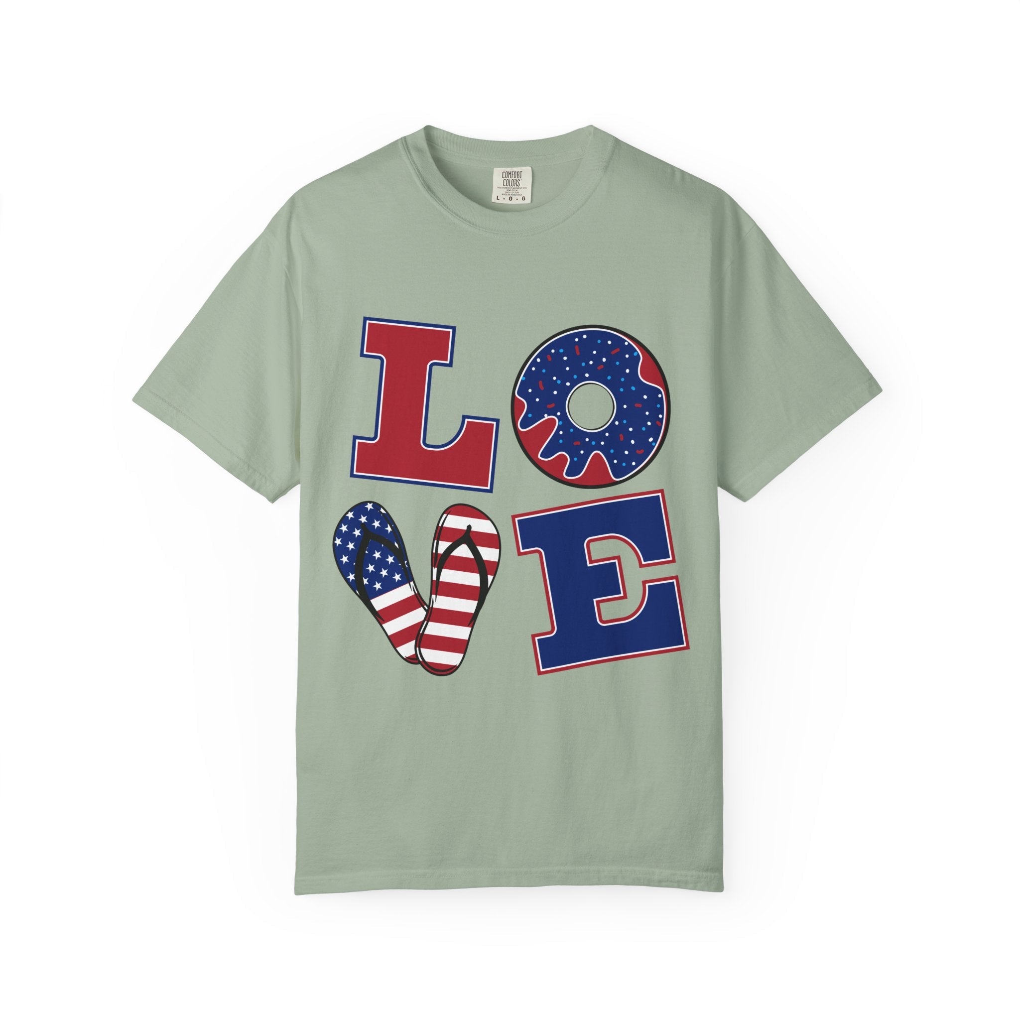Patriotic "LOVE" T-Shirt — American Flag Donut & Flip - Flop Design - Jana Recrafted