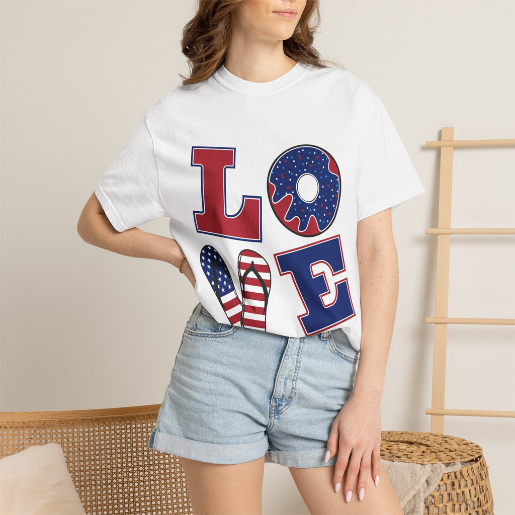 Patriotic "LOVE" T-Shirt — American Flag Donut & Flip - Flop Design - Jana Recrafted