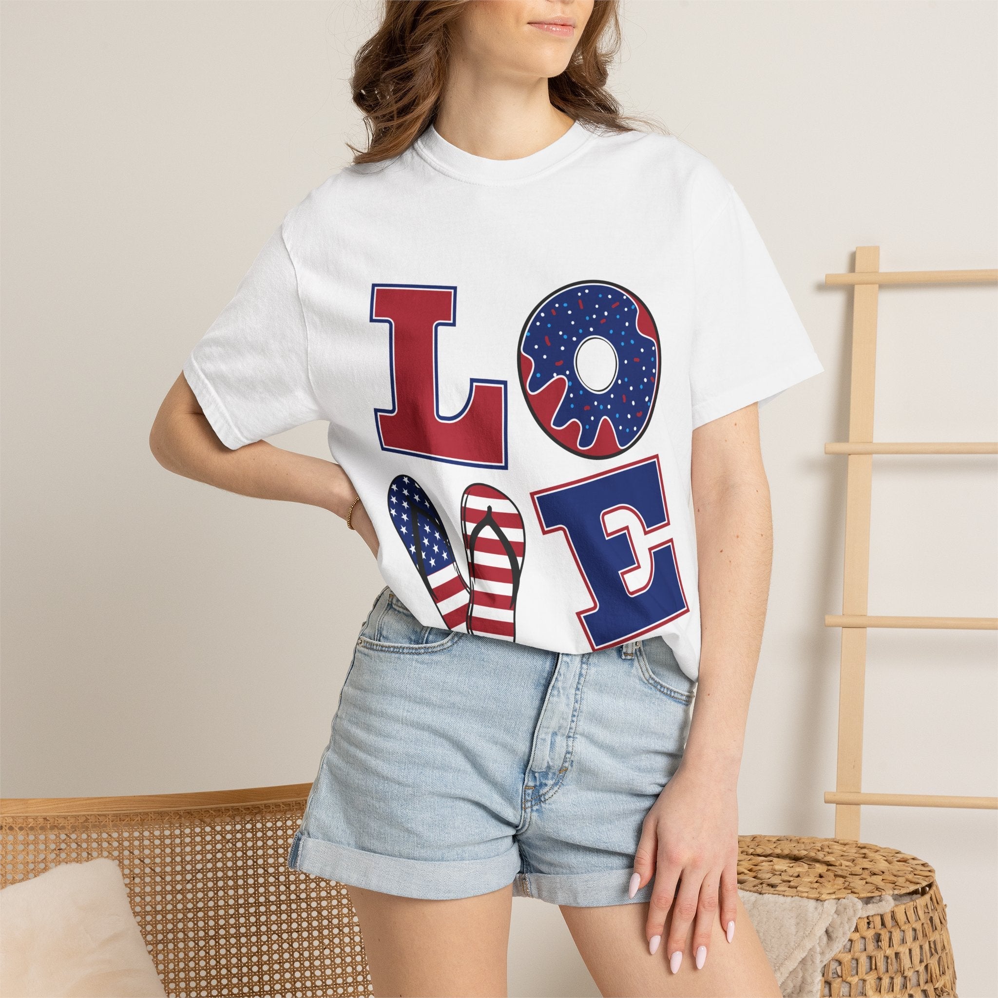 Patriotic "LOVE" T-Shirt — American Flag Donut & Flip - Flop Design - Jana Recrafted
