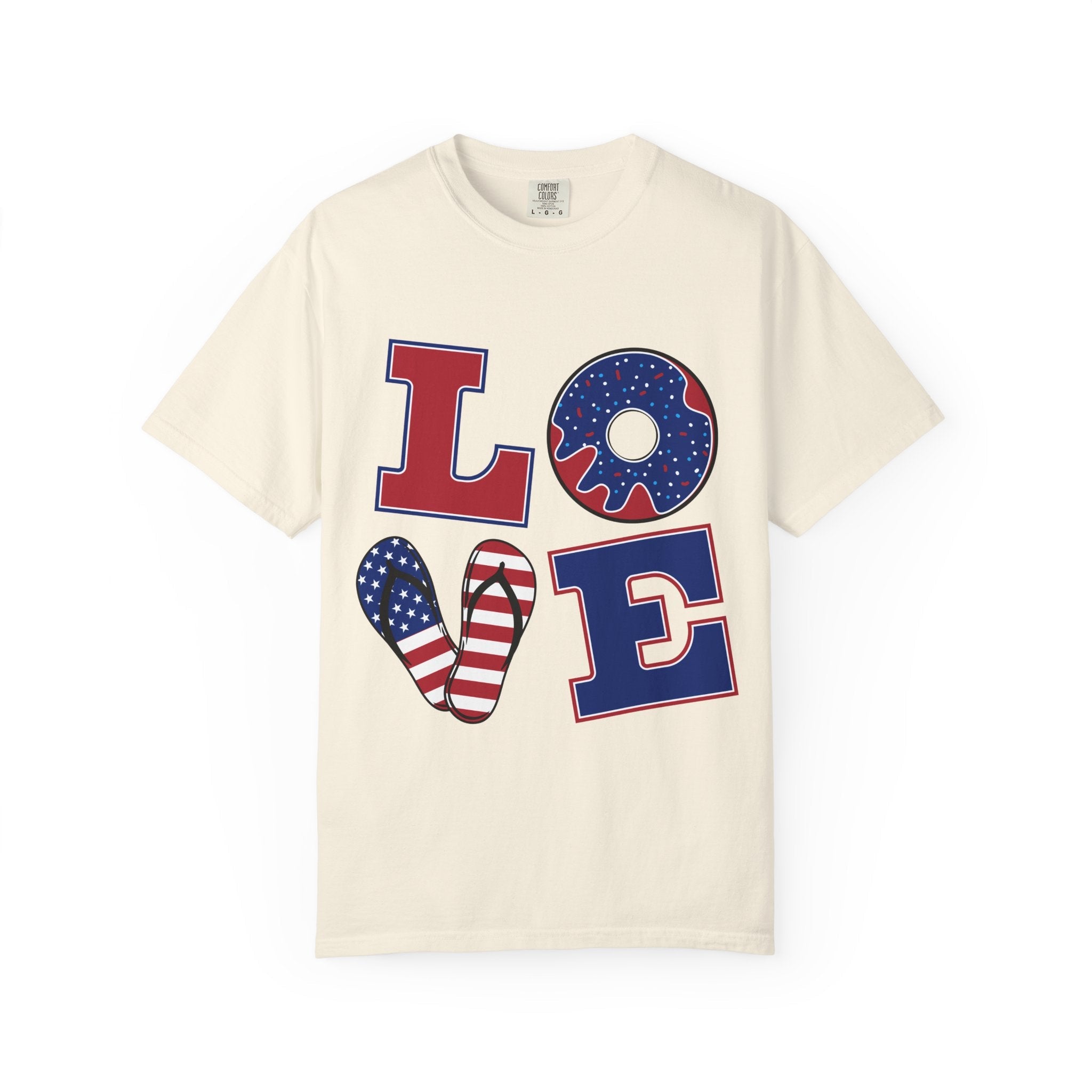 Patriotic "LOVE" T-Shirt — American Flag Donut & Flip - Flop Design - Jana Recrafted