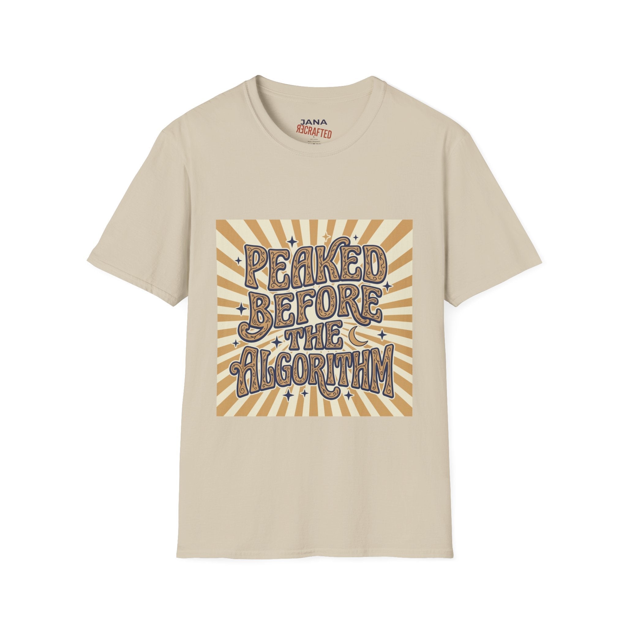 Peaked Before the Algorithm Graphic T-Shirt — Retro Sunburst Vintage Typography Tee - Jana Recrafted