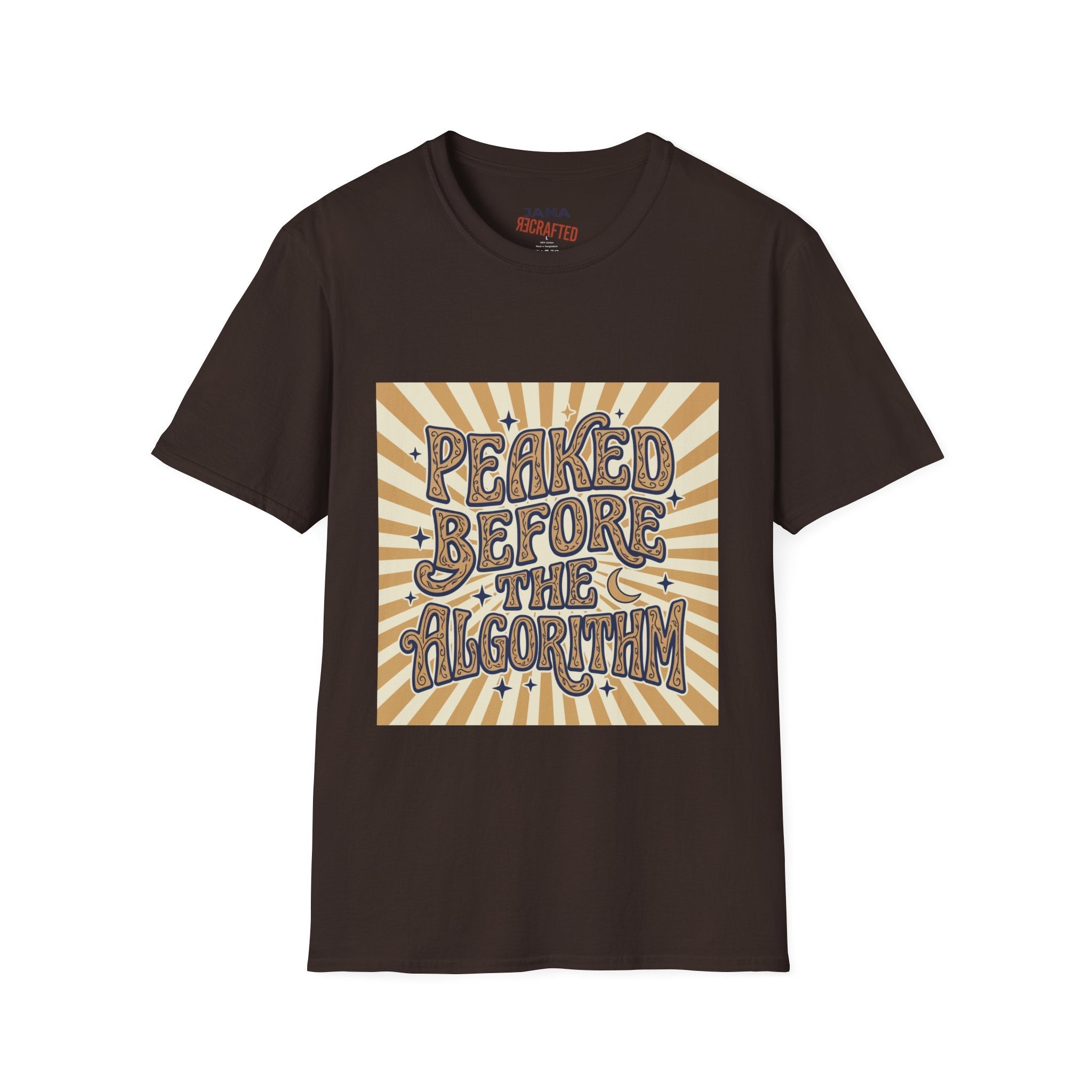 Peaked Before the Algorithm Graphic T-Shirt — Retro Sunburst Vintage Typography Tee - Jana Recrafted