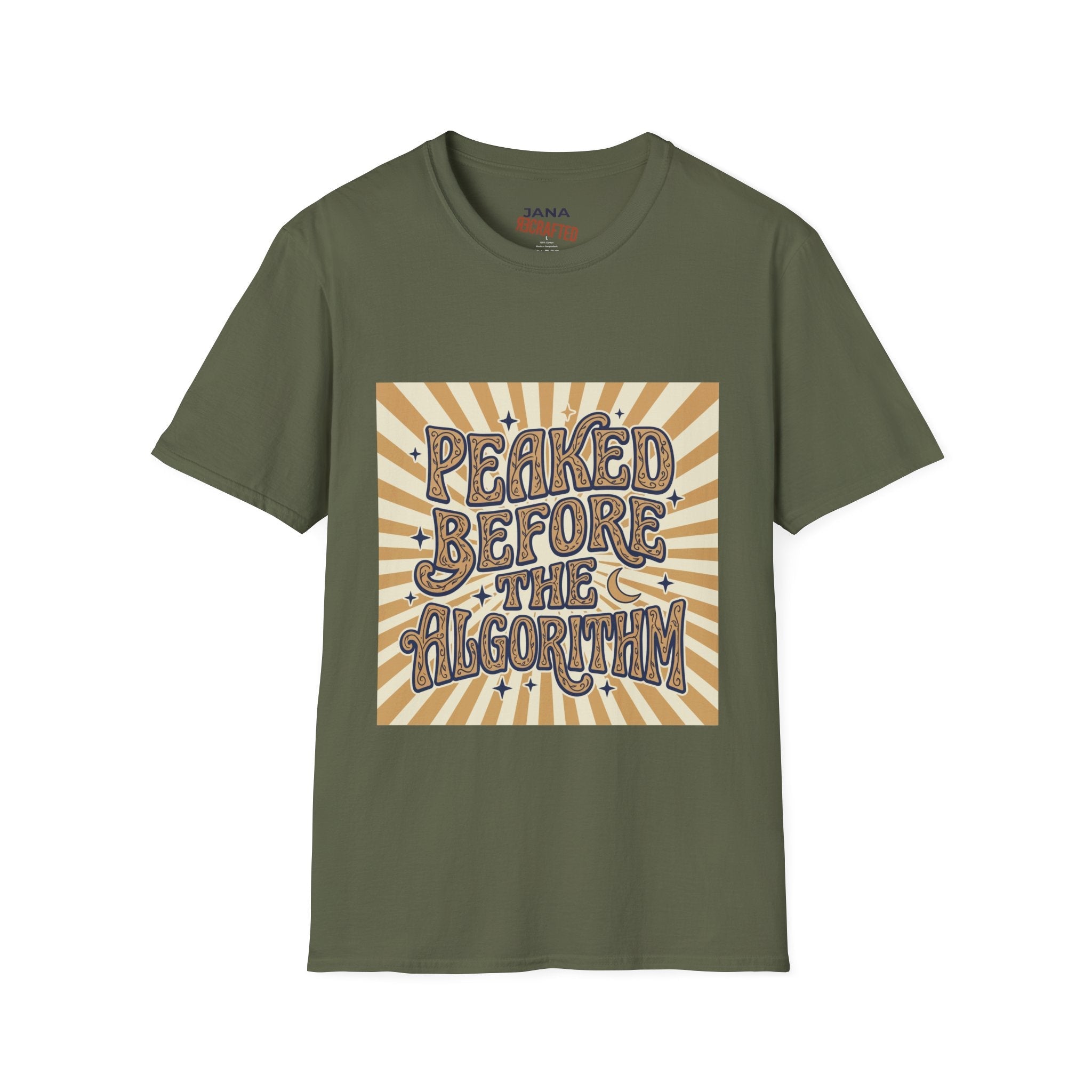 Peaked Before the Algorithm Graphic T-Shirt — Retro Sunburst Vintage Typography Tee - Jana Recrafted