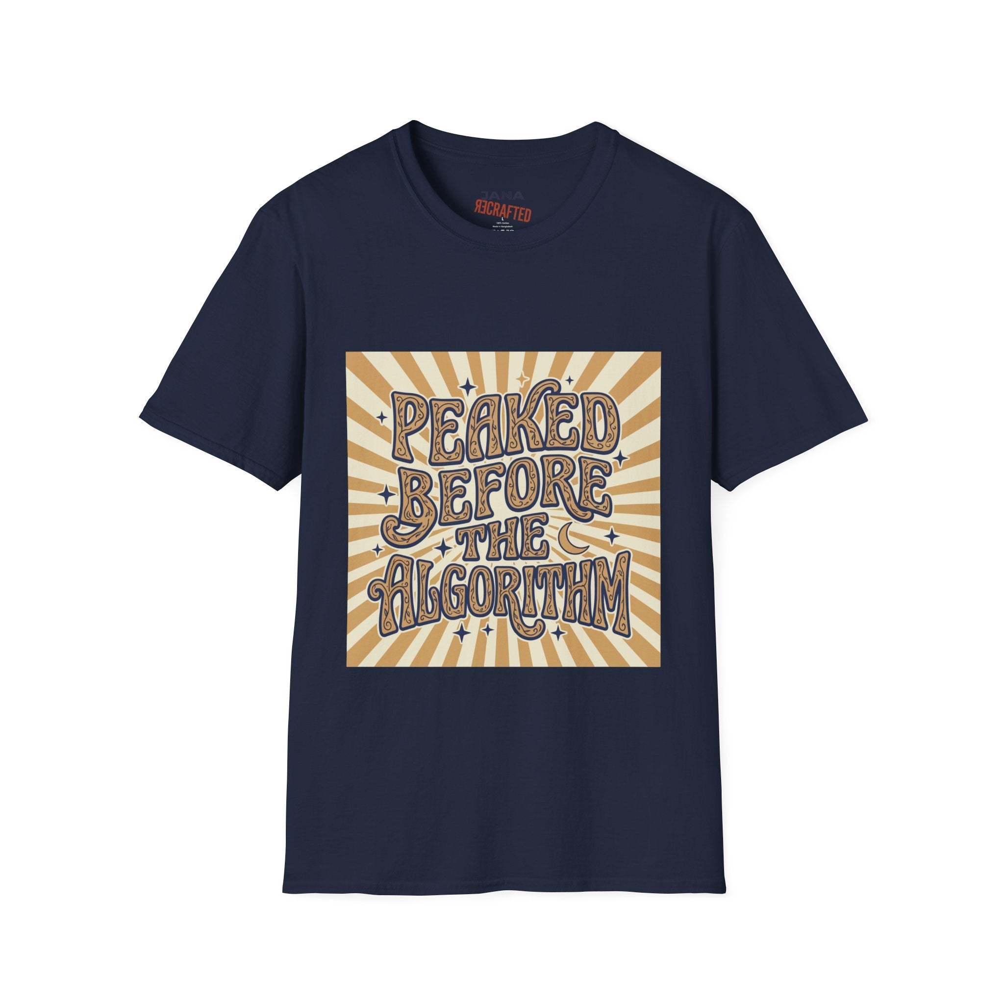 Peaked Before the Algorithm Graphic T-Shirt — Retro Sunburst Vintage Typography Tee - Jana Recrafted
