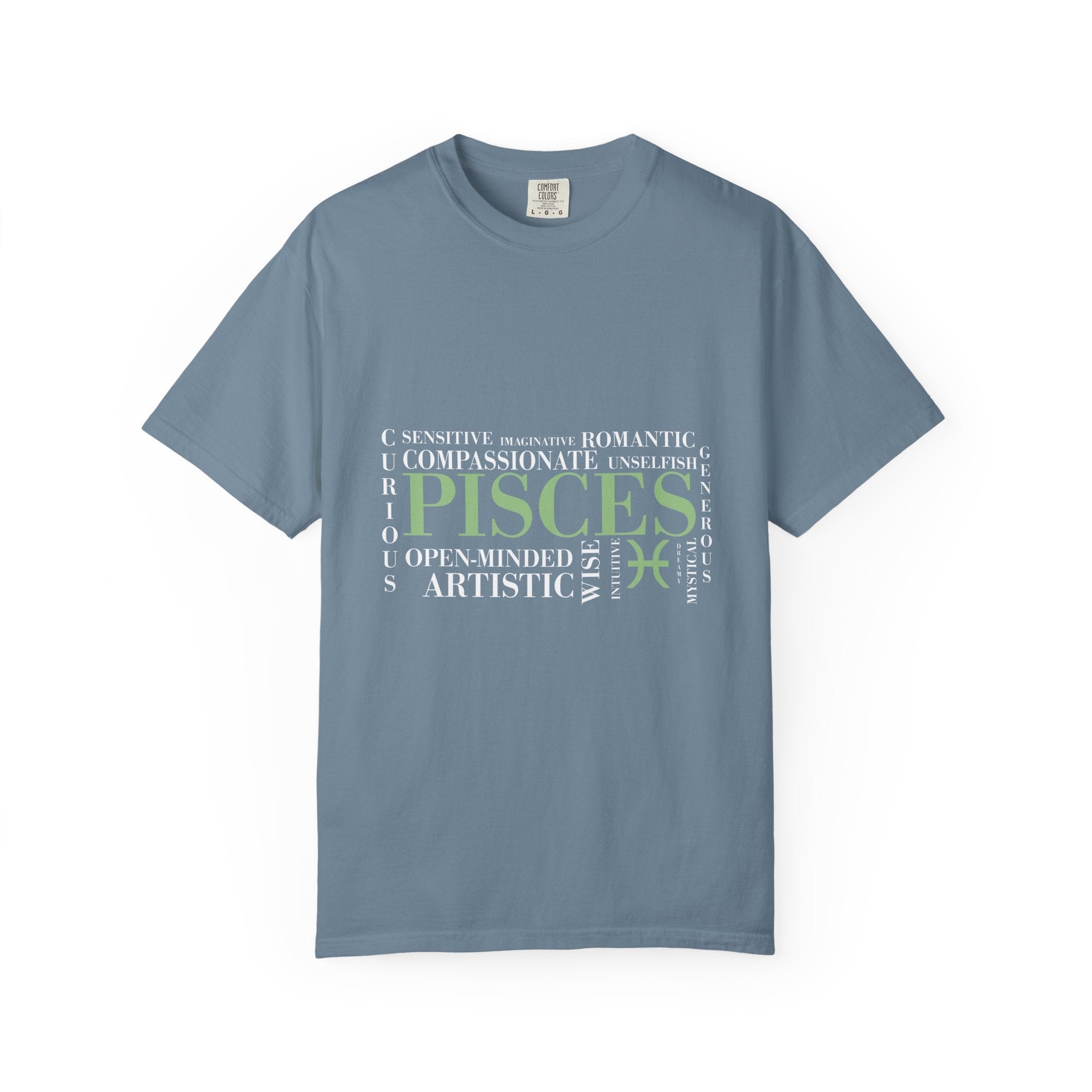 Pisces Zodiac Tee | T-shirt, Astrology Sign, Minimal Green Text - Jana Recrafted