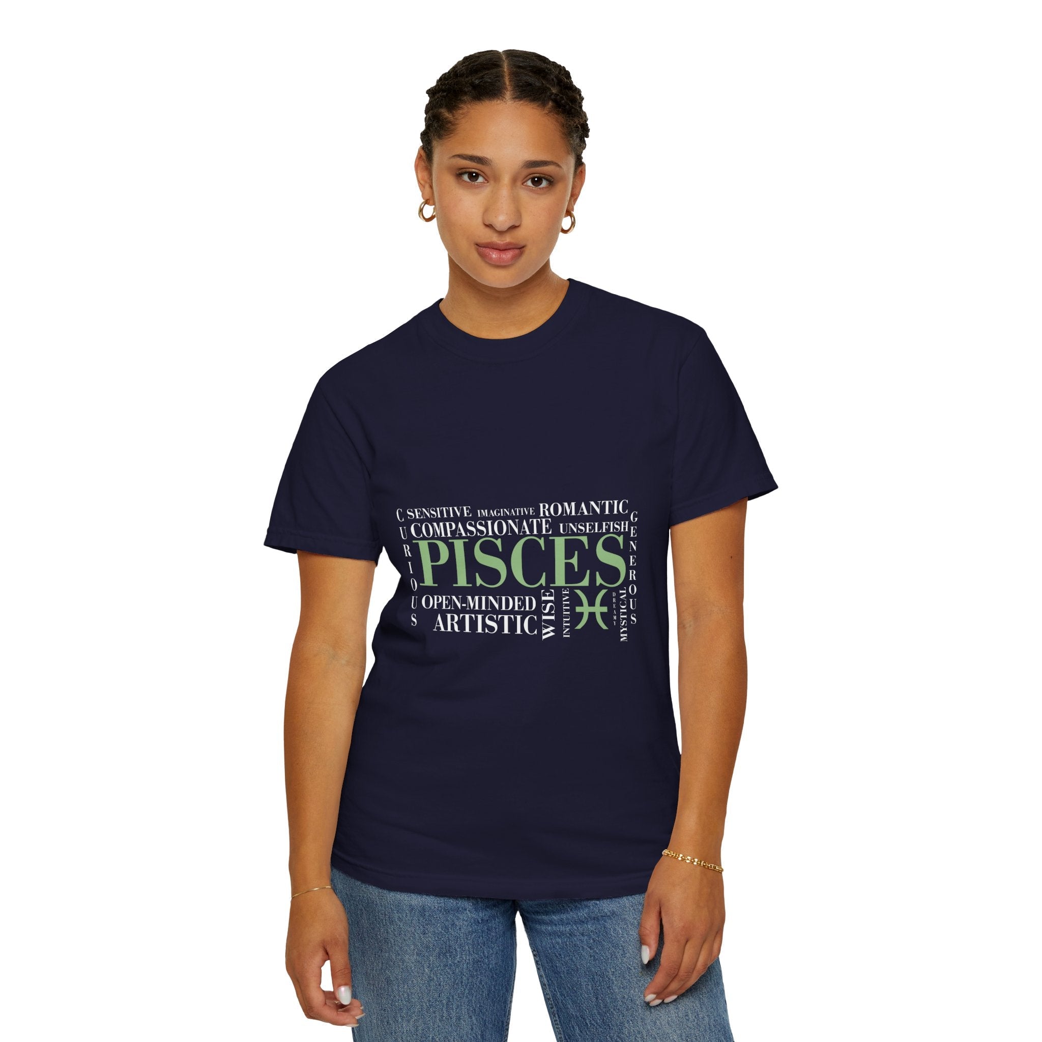 Pisces Zodiac Tee | T-shirt, Astrology Sign, Minimal Green Text - Jana Recrafted