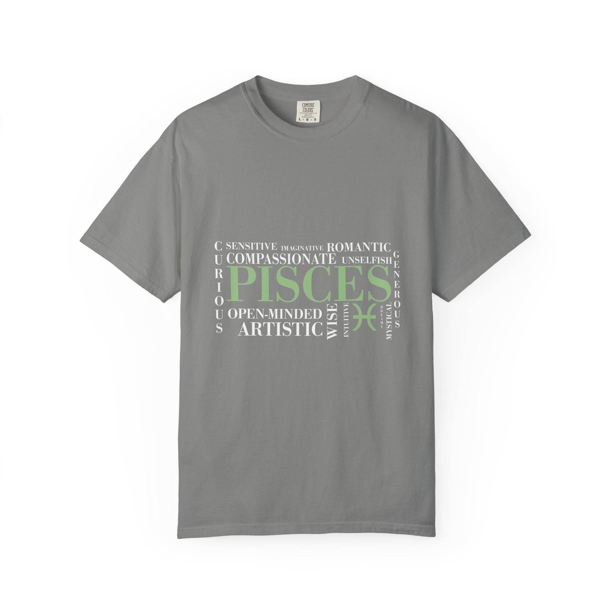 Pisces Zodiac Tee | T-shirt, Astrology Sign, Minimal Green Text - Jana Recrafted