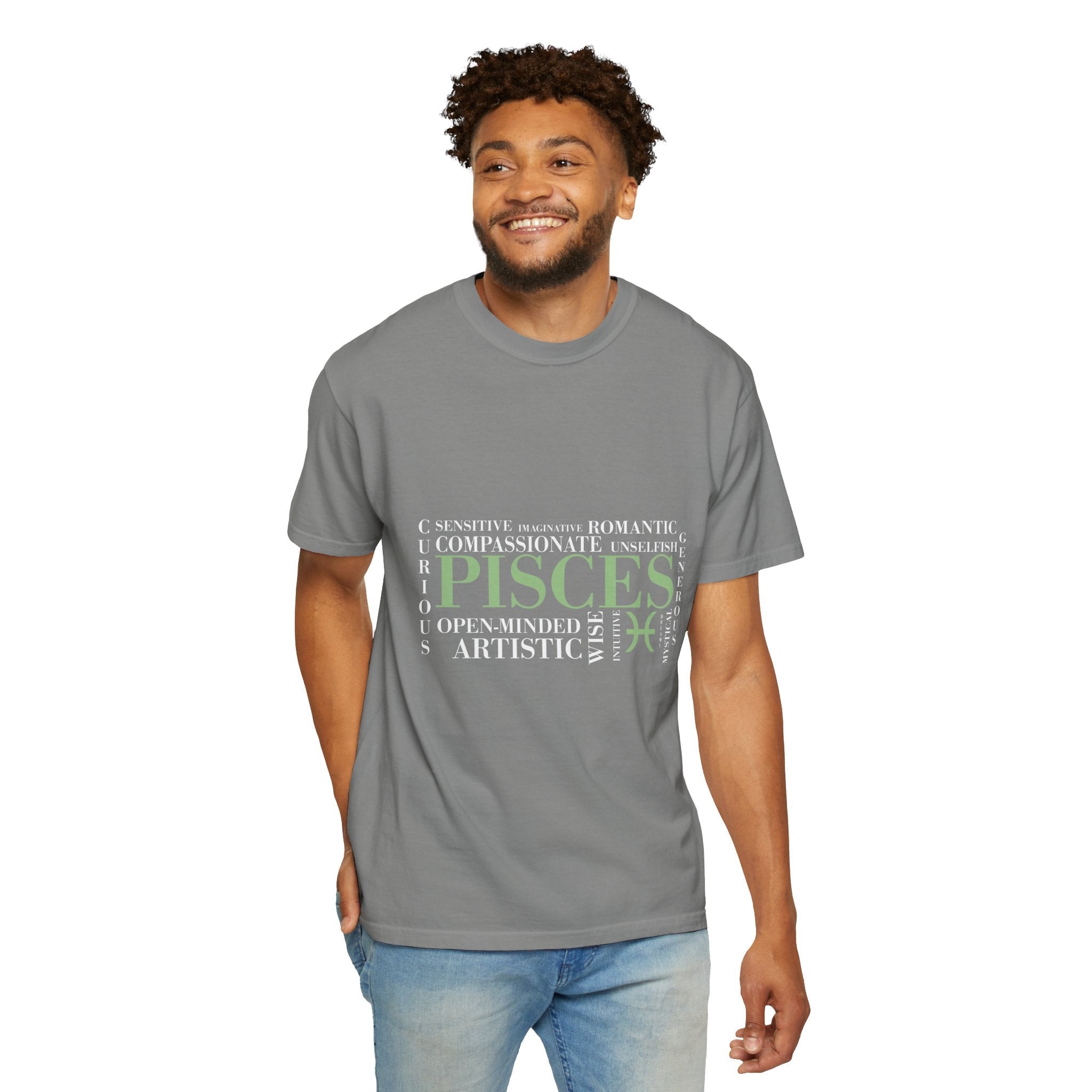 Pisces Zodiac Tee | T-shirt, Astrology Sign, Minimal Green Text - Jana Recrafted