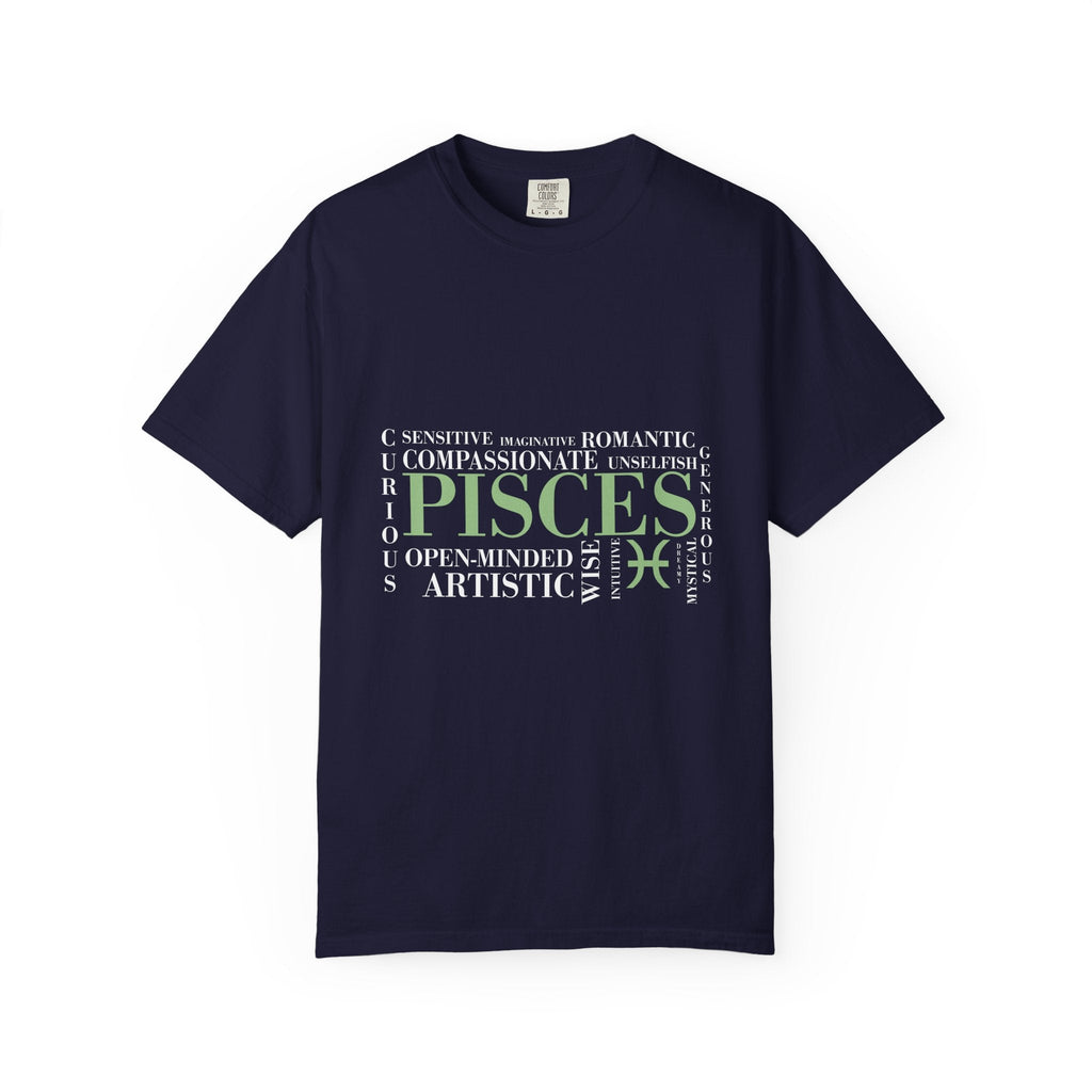 Pisces Zodiac Tee | T-shirt, Astrology Sign, Minimal Green Text - Jana Recrafted
