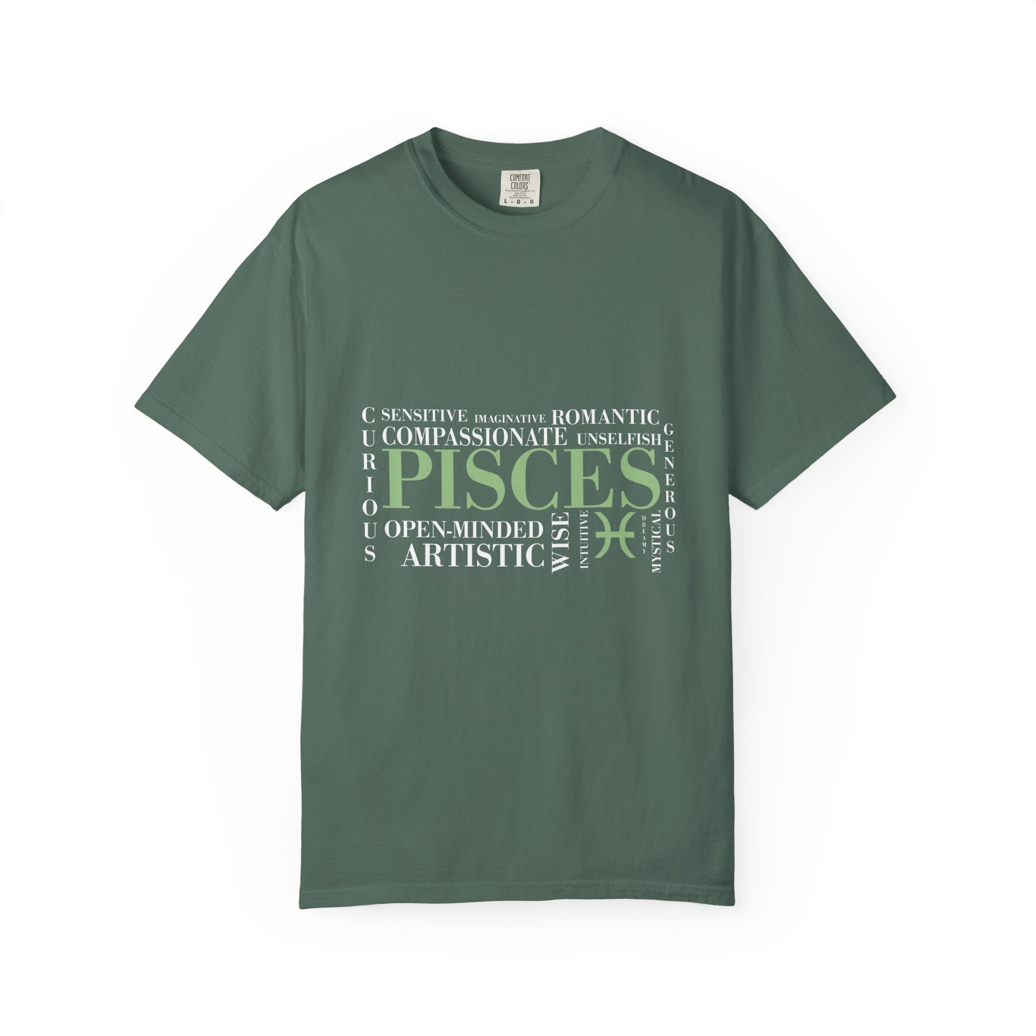 Pisces Zodiac Tee | T-shirt, Astrology Sign, Minimal Green Text - Jana Recrafted