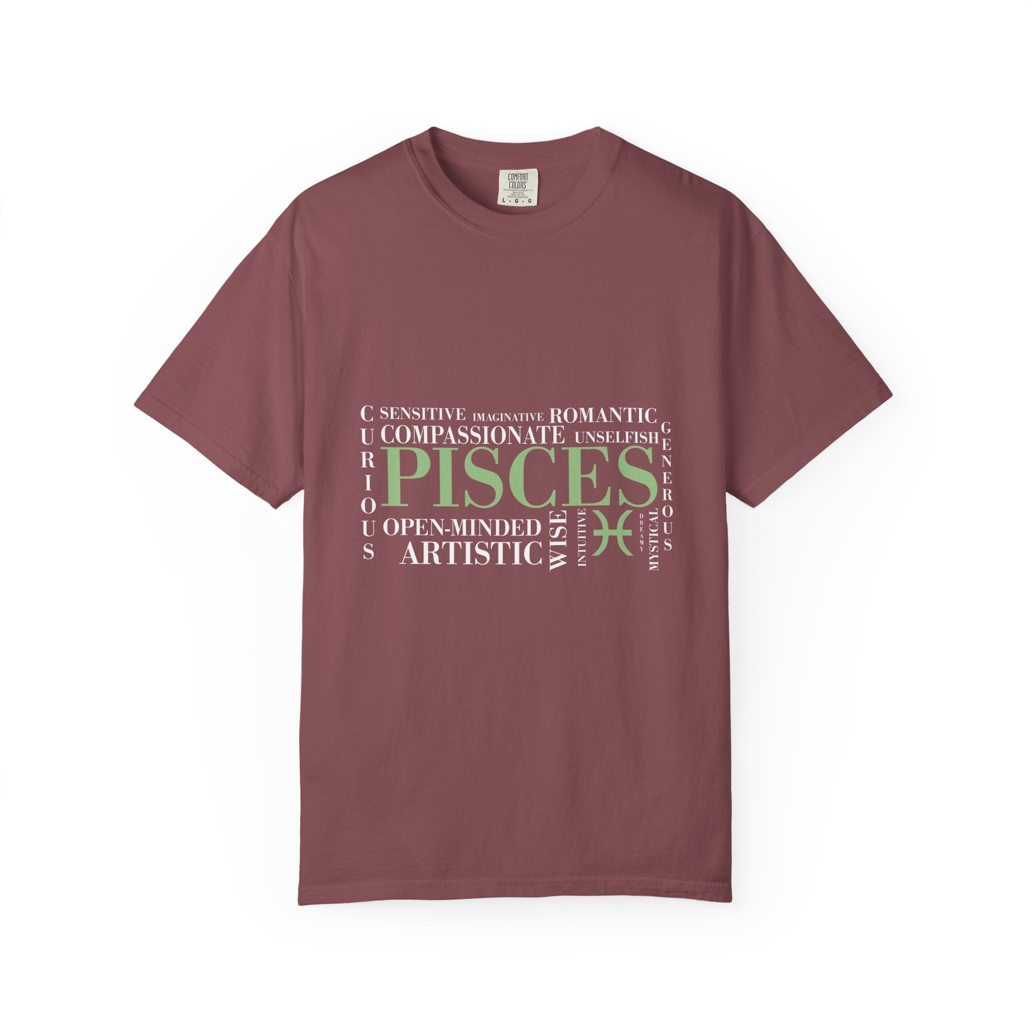 Pisces Zodiac Tee | T-shirt, Astrology Sign, Minimal Green Text - Jana Recrafted
