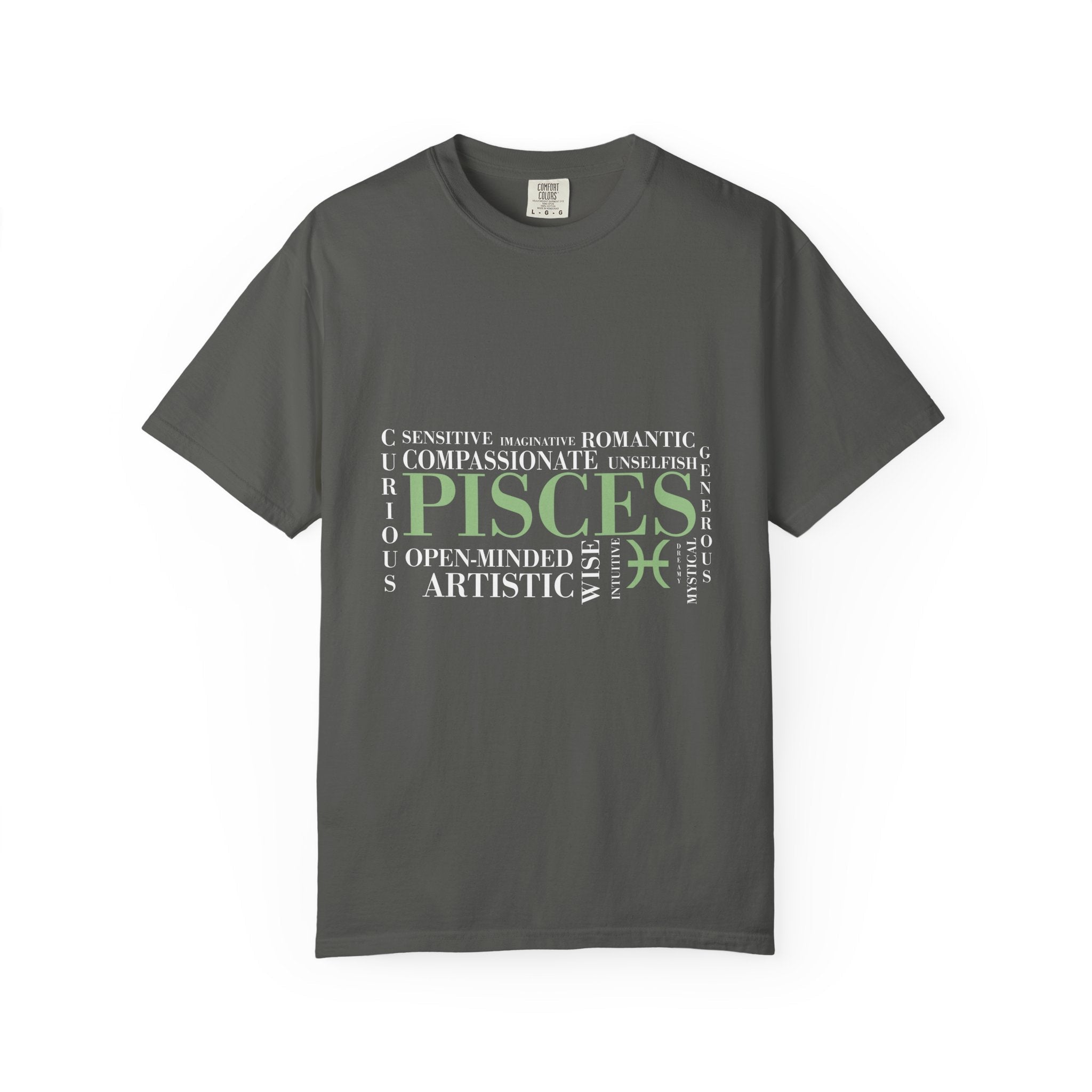 Pisces Zodiac Tee | T-shirt, Astrology Sign, Minimal Green Text - Jana Recrafted