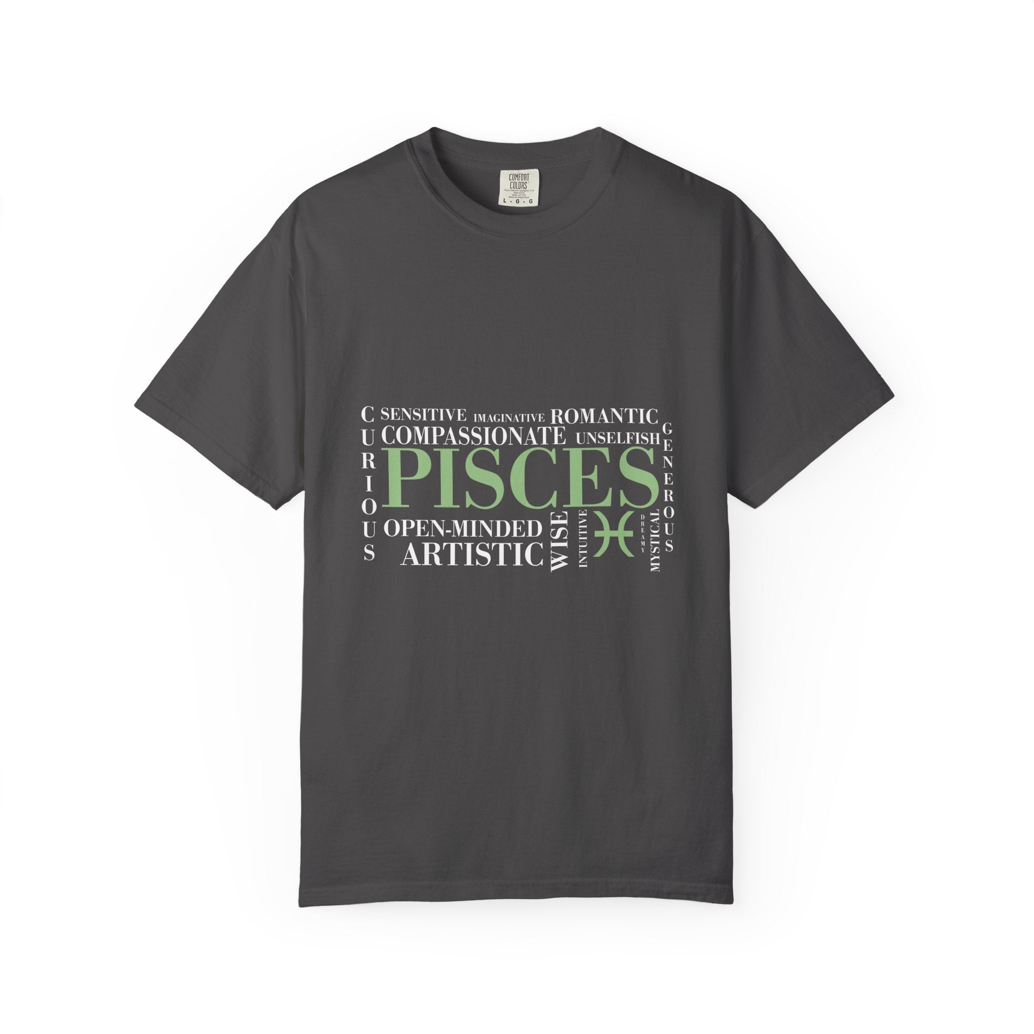 Pisces Zodiac Tee | T-shirt, Astrology Sign, Minimal Green Text - Jana Recrafted
