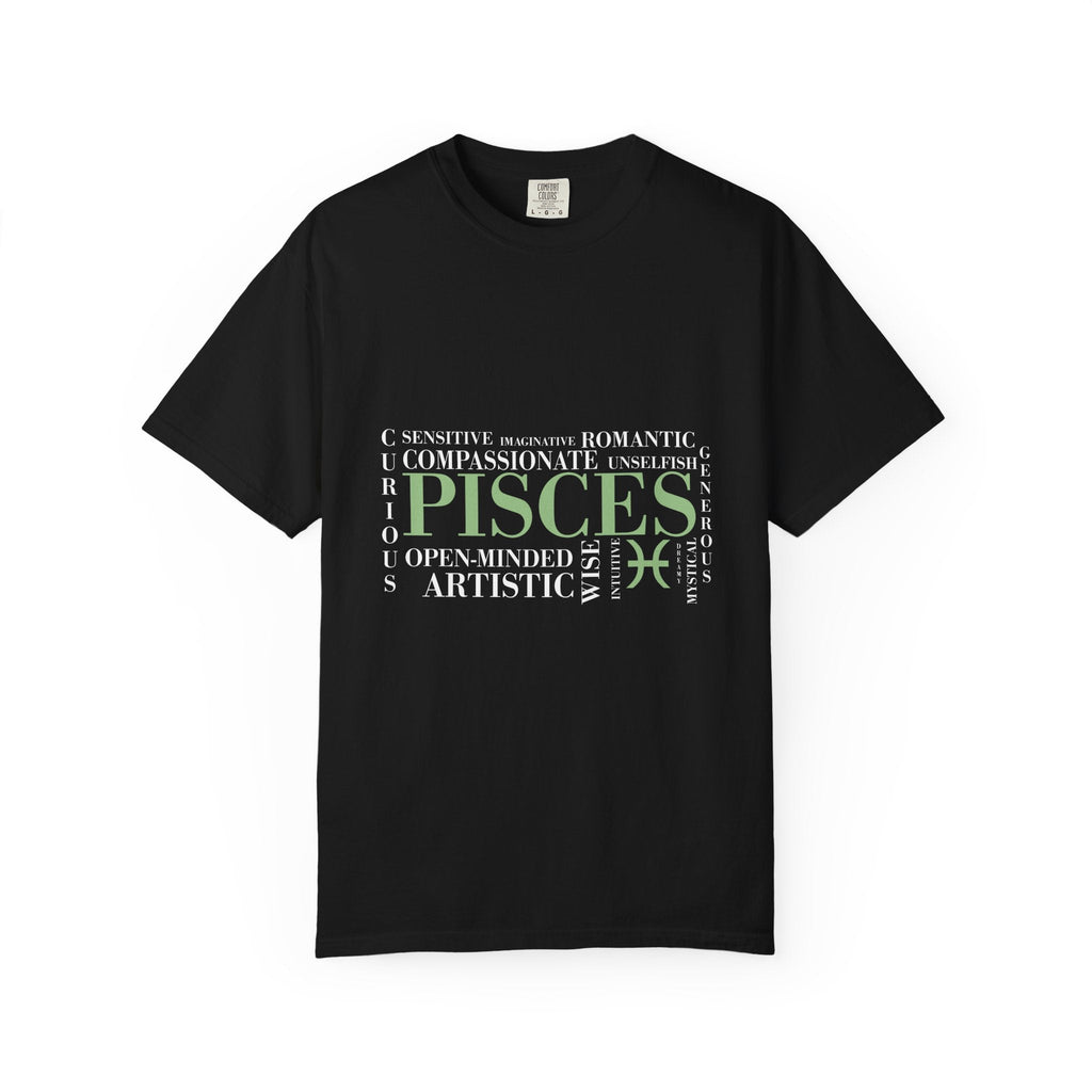 Pisces Zodiac Tee | T-shirt, Astrology Sign, Minimal Green Text - Jana Recrafted