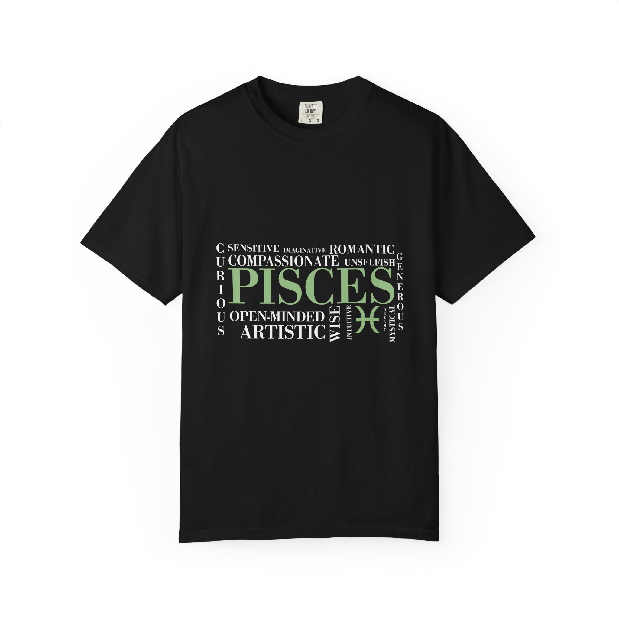 Pisces Zodiac Tee | T-shirt, Astrology Sign, Minimal Green Text - Jana Recrafted