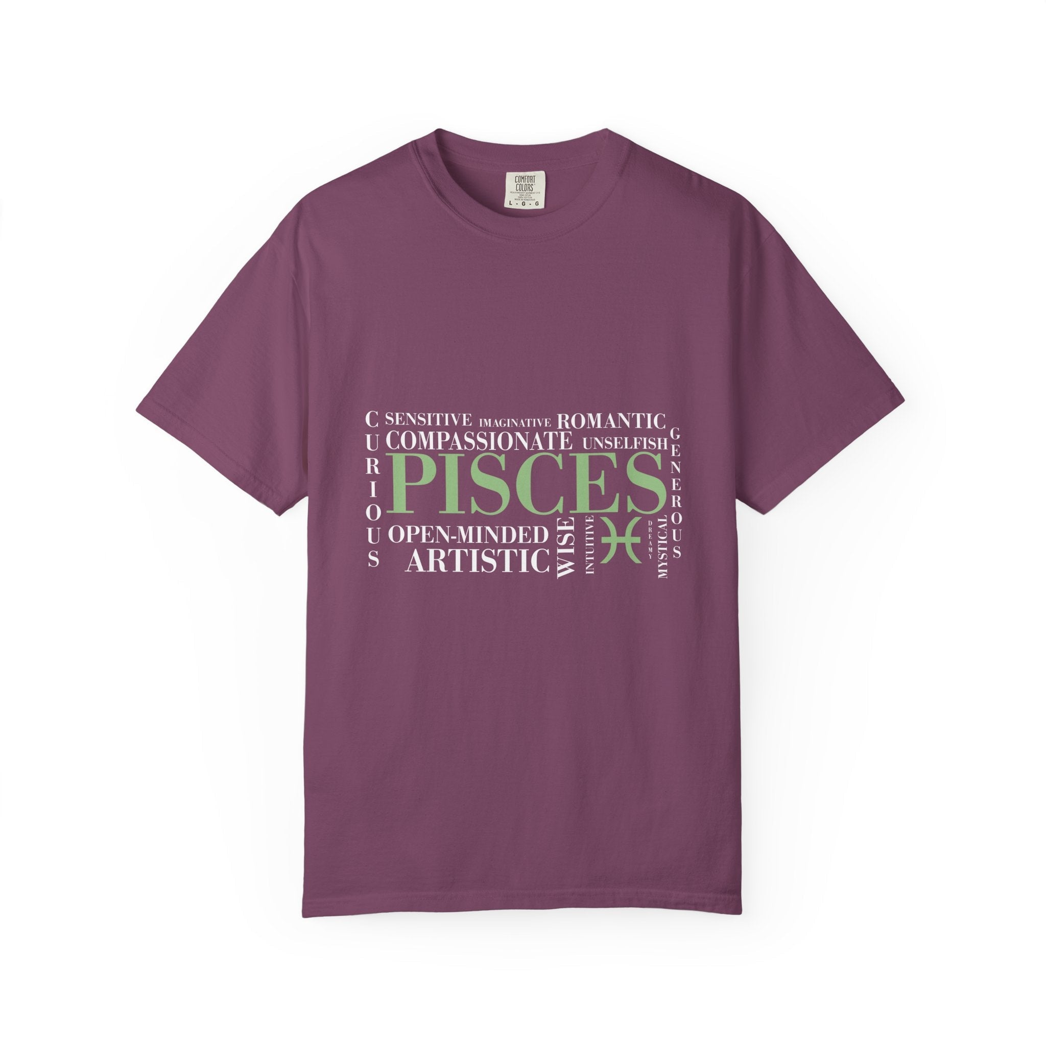Pisces Zodiac Tee | T-shirt, Astrology Sign, Minimal Green Text - Jana Recrafted