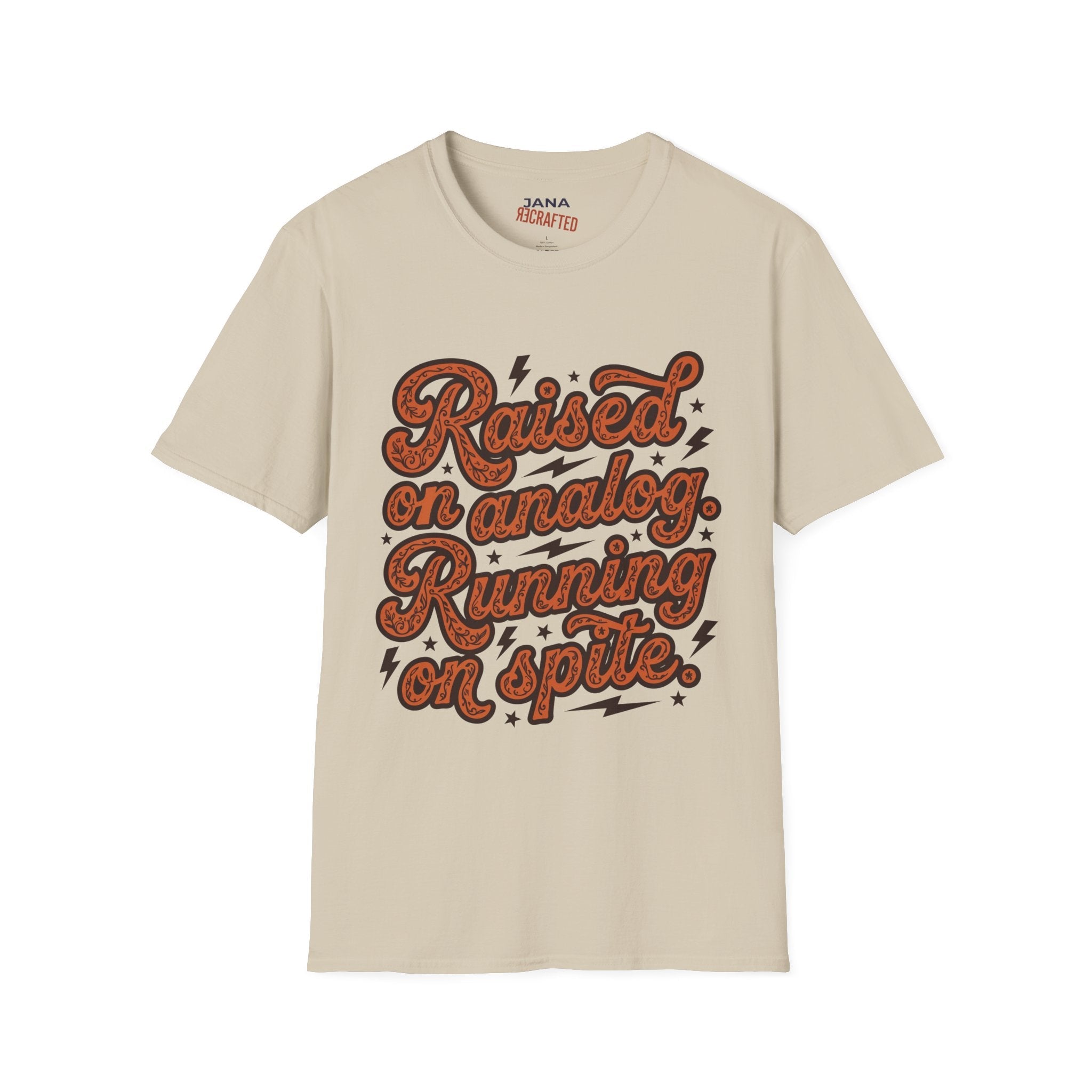Raised on Analog T-Shirt — Retro Psychedelic Script Tee - Jana Recrafted
