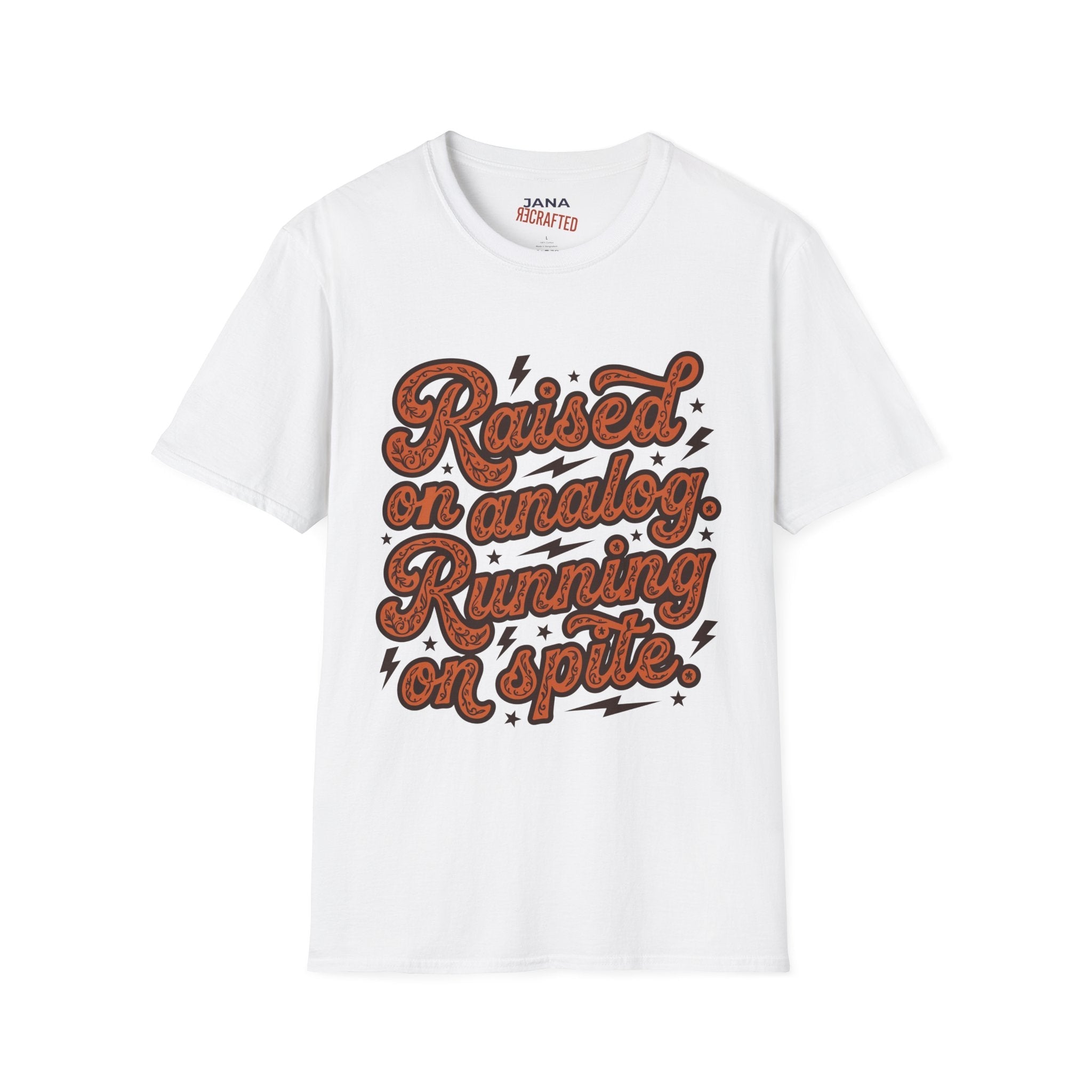 Raised on Analog T-Shirt — Retro Psychedelic Script Tee - Jana Recrafted