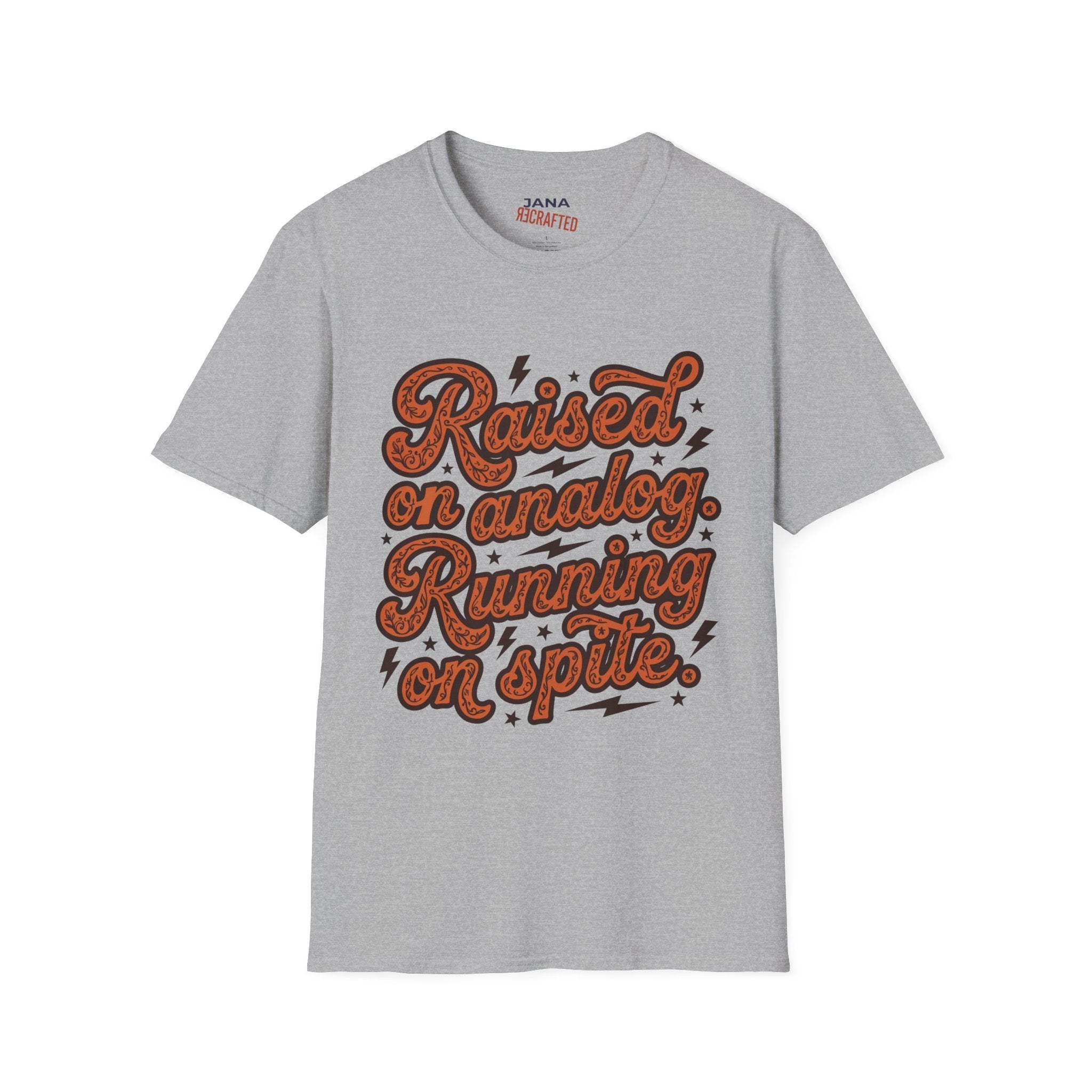 Raised on Analog T-Shirt — Retro Psychedelic Script Tee - Jana Recrafted