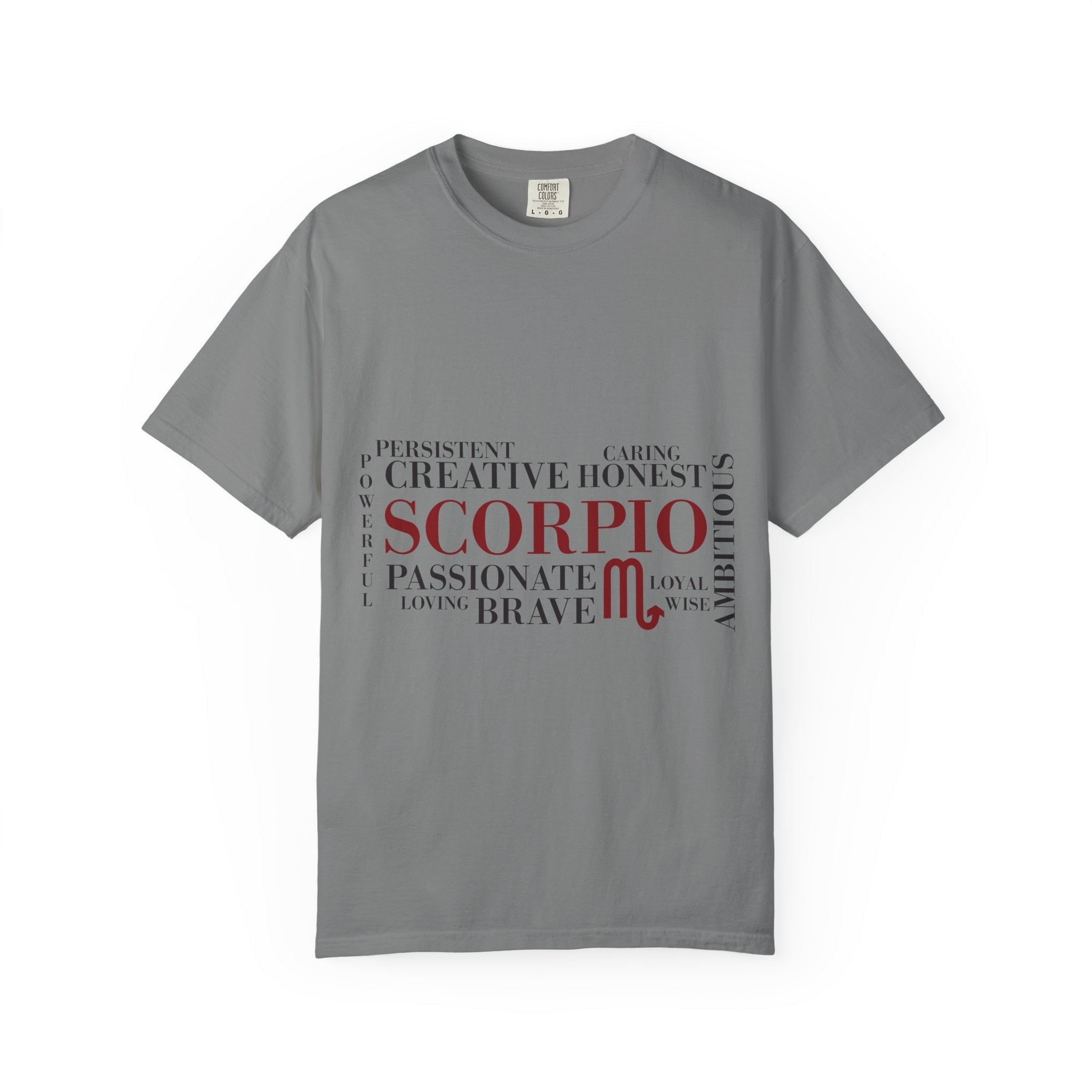 Scorpio Zodiac Word Cloud T-Shirt — Astrology Graphic Tee (Passionate • Brave) - Jana Recrafted
