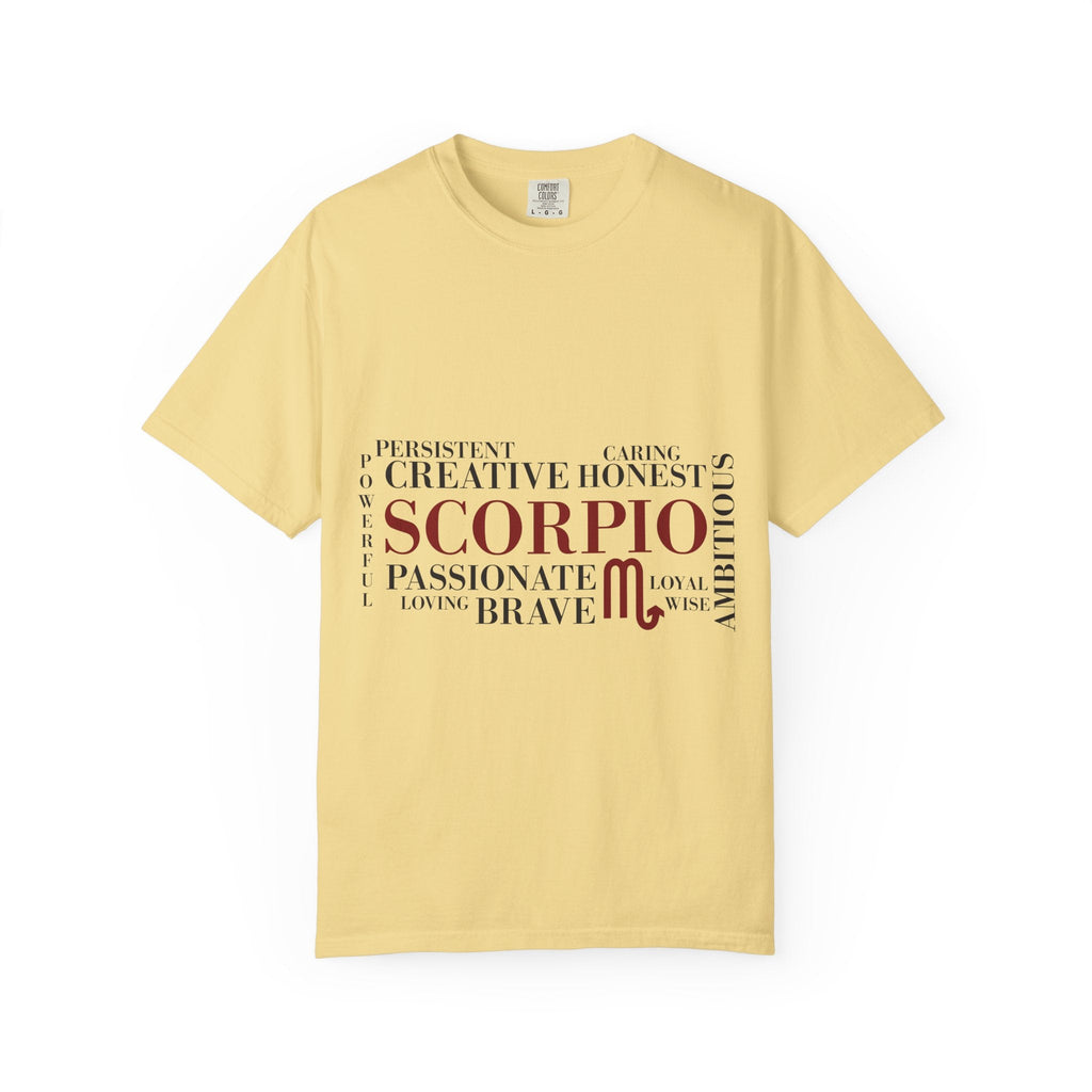 Scorpio Zodiac Word Cloud T-Shirt — Astrology Graphic Tee (Passionate • Brave) - Jana Recrafted
