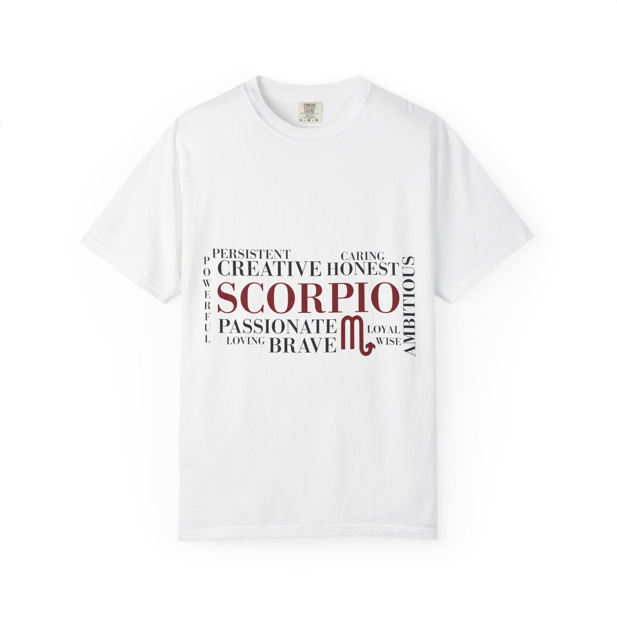 Scorpio Zodiac Word Cloud T-Shirt — Astrology Graphic Tee (Passionate • Brave) - Jana Recrafted