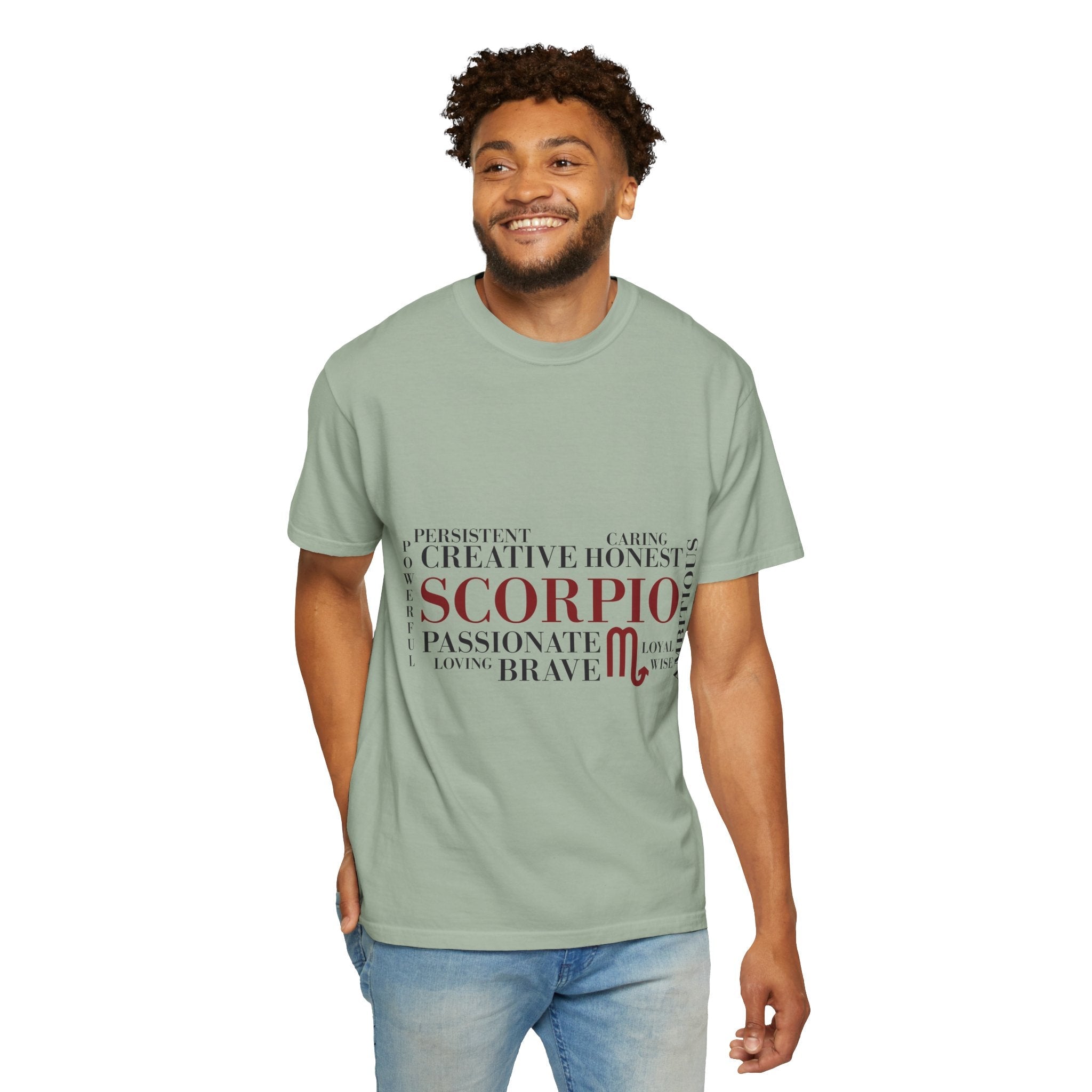 Scorpio Zodiac Word Cloud T-Shirt — Astrology Graphic Tee (Passionate • Brave) - Jana Recrafted