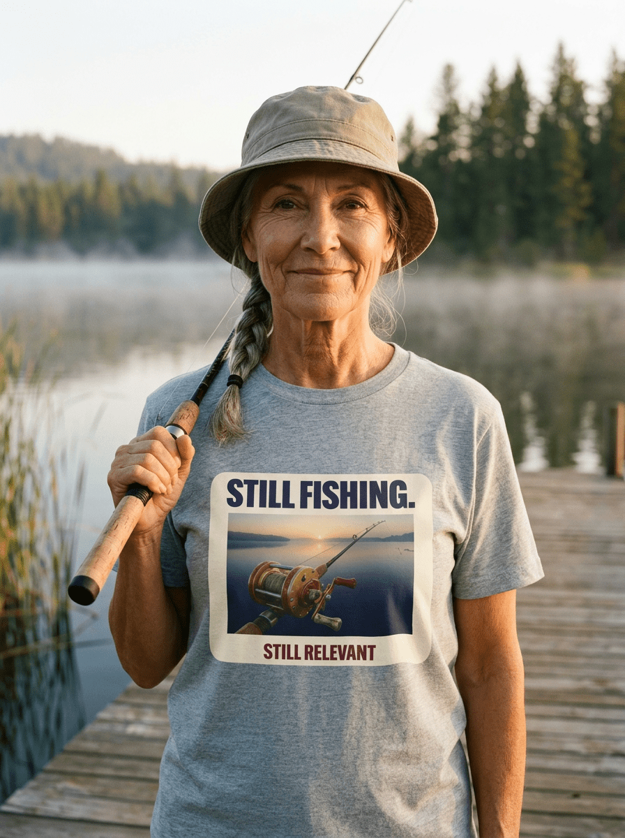 Still Fishing, Still Relevant | Vintage Fishing Reel Sunrise Lake T-Shirt - Jana Recrafted