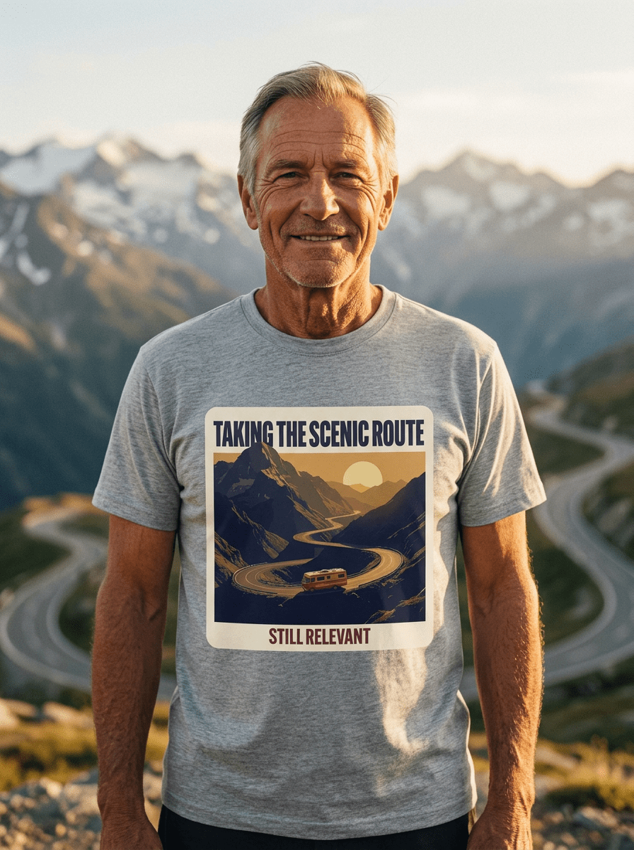 Taking the Scenic Route, Still Relevant | Vintage RV Mountain Road Sunset T-Shirt - Jana Recrafted