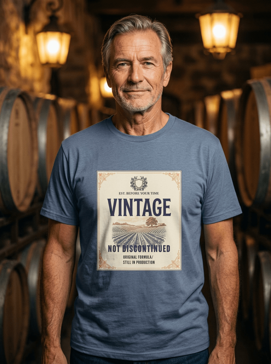 Vintage Not Discontinued | Wine Label Style Birthday T-Shirt - Jana Recrafted