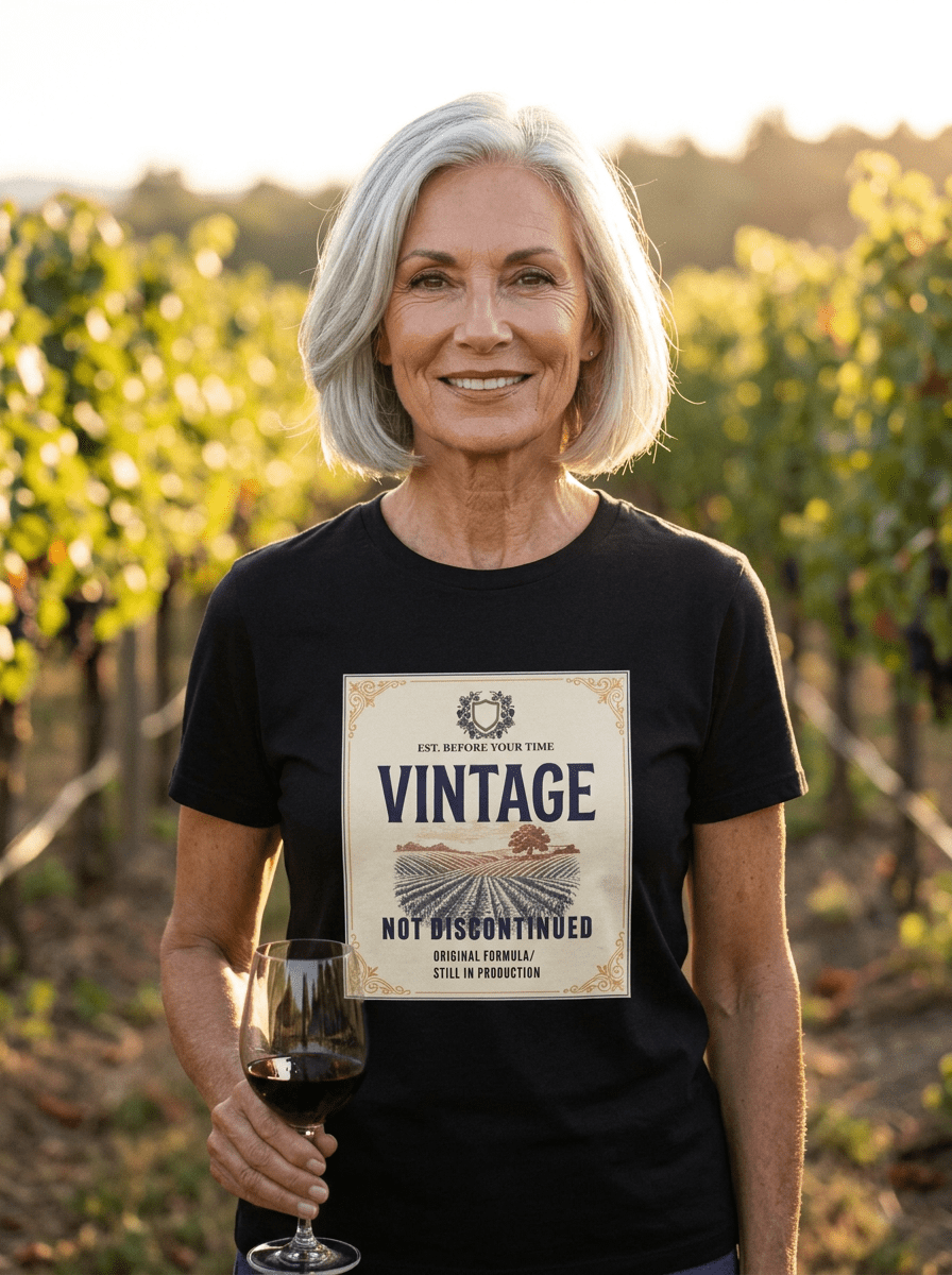 Vintage Not Discontinued | Wine Label Style Birthday T-Shirt - Jana Recrafted